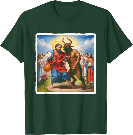Jesus vs Satan Basketball Play Humor Sport Game T-Shirt - T-Shirt | Forest