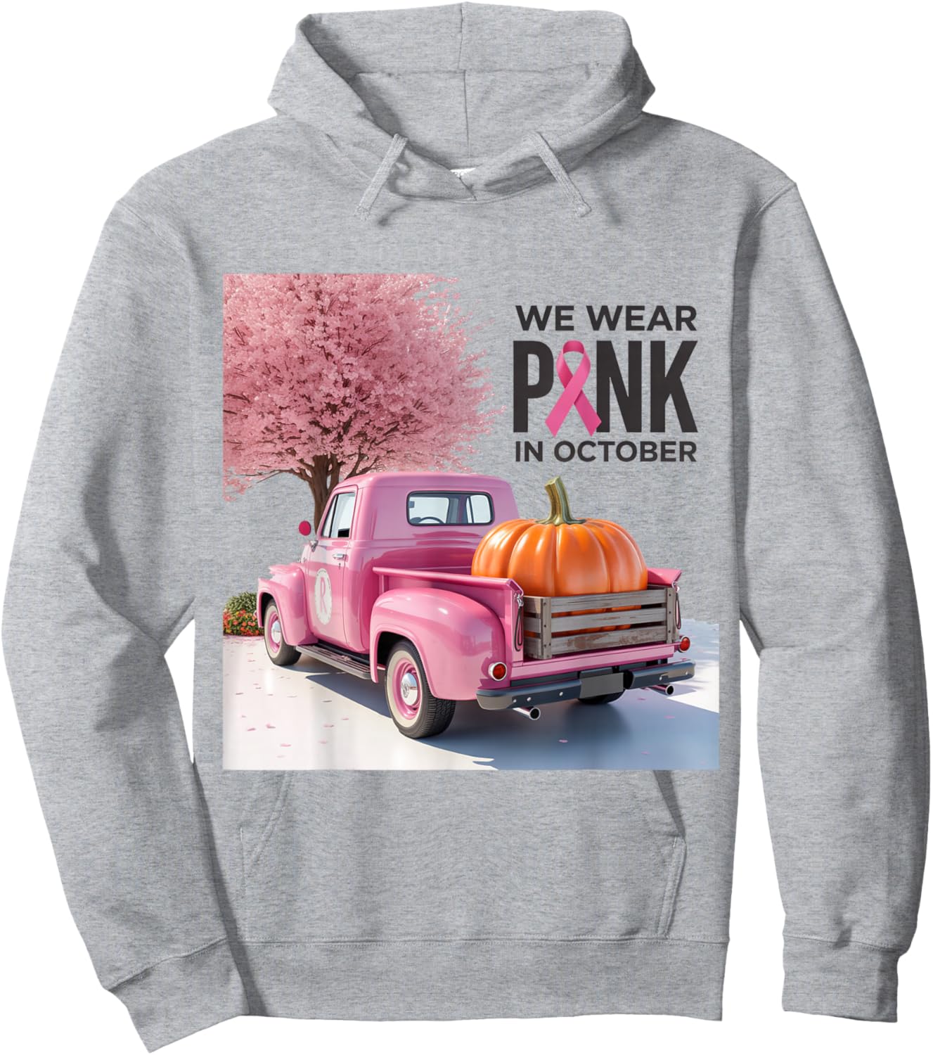 in October We Wear Pink Truck Breast Cancer Hoodie - Hoodie | Ash