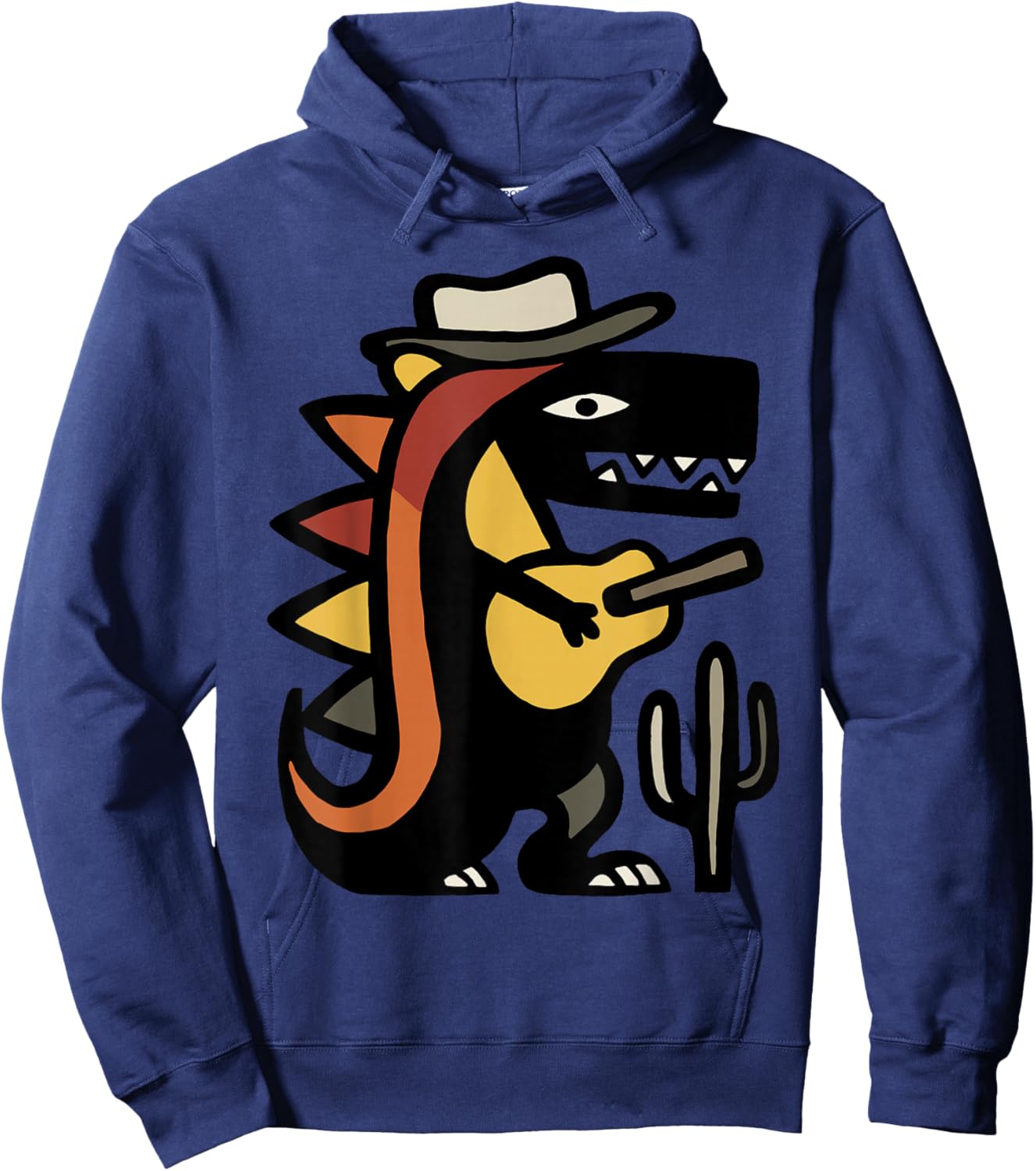 Western Dinosaur Playing Guitar Cartoon Hoodie - Hoodie | Navy