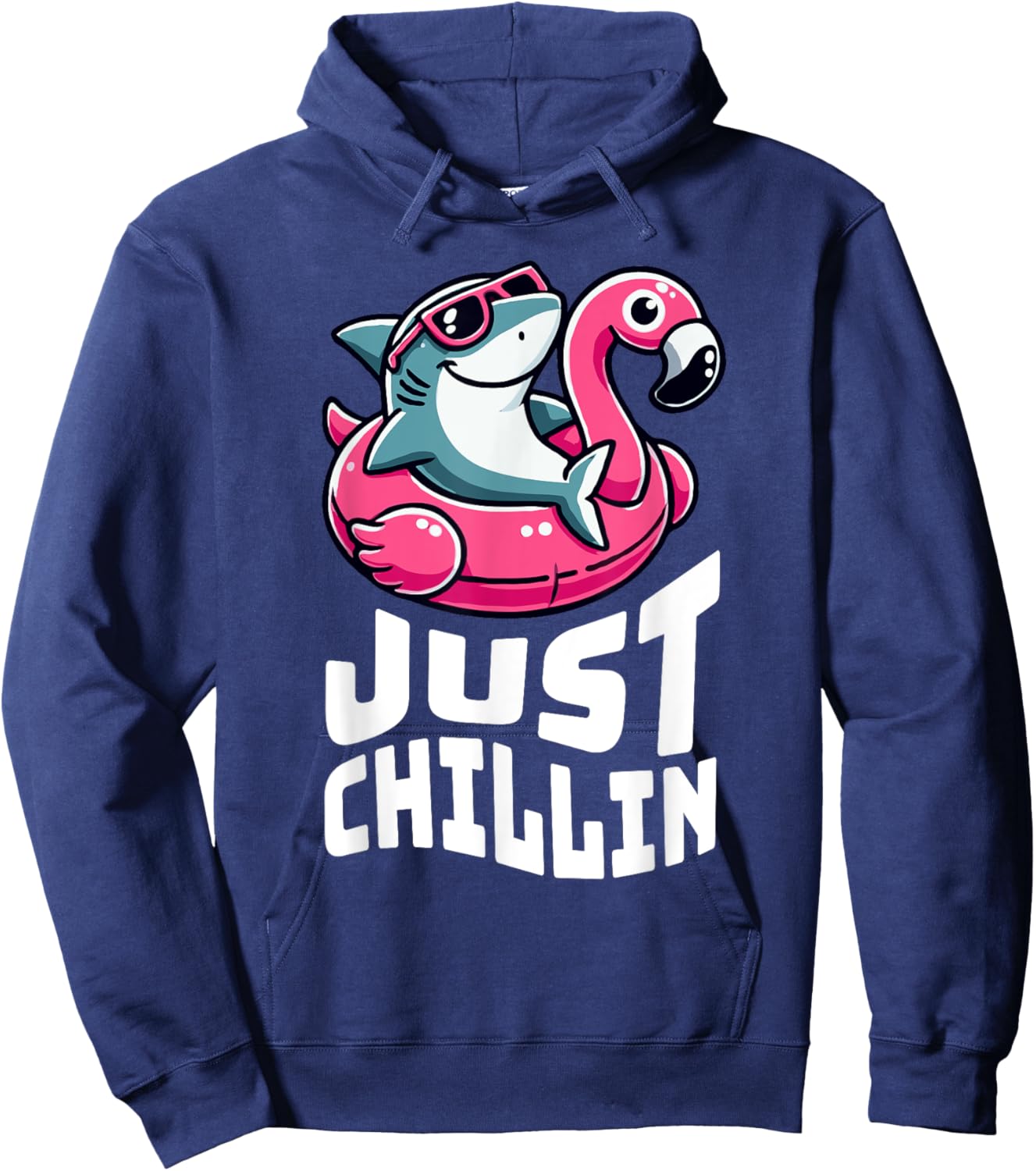 Funny Shark Just Chillin on Flamingo Float Hoodie - Hoodie | Navy