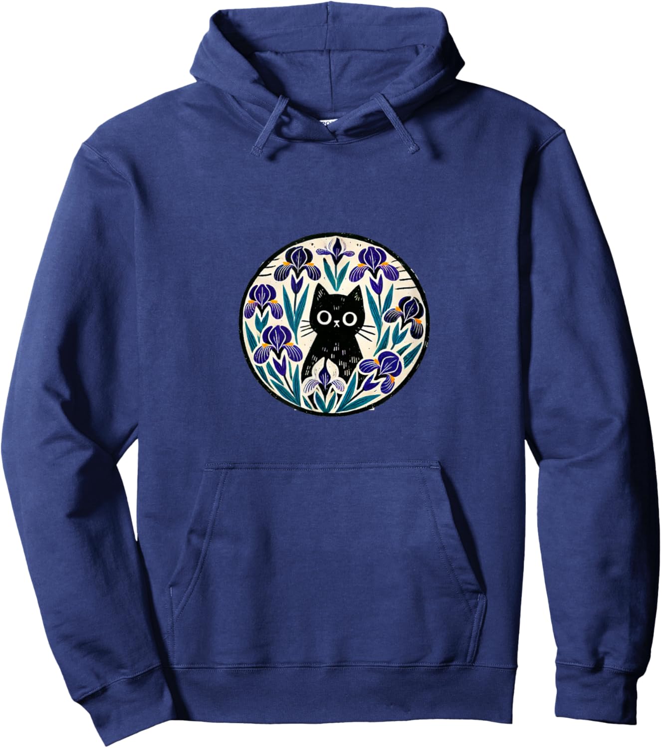 Black Cat Art Iris Flower Illustration Hoodie - Hoodie | Navy