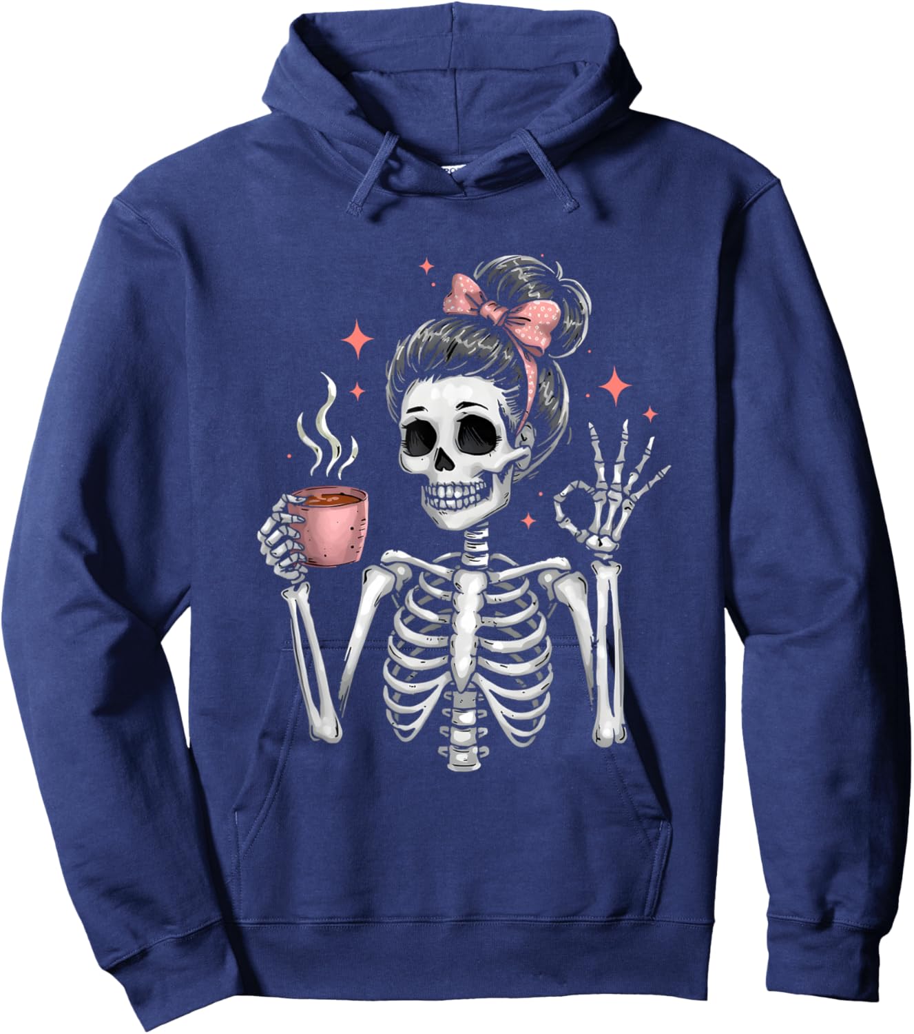 Messy Bun Drinking Coffee Skeleton Tired Mom Hoodie - Hoodie | Navy