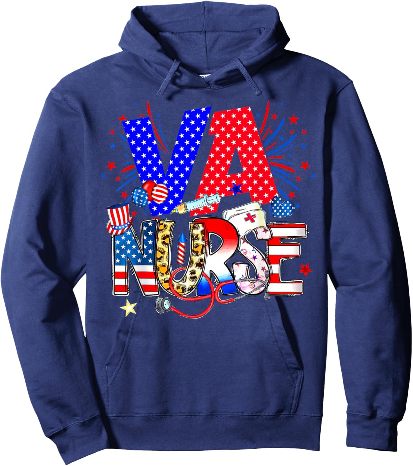 VA Nurse 4th Of July American Flag Stethoscope Hoodie - Hoodie | Navy