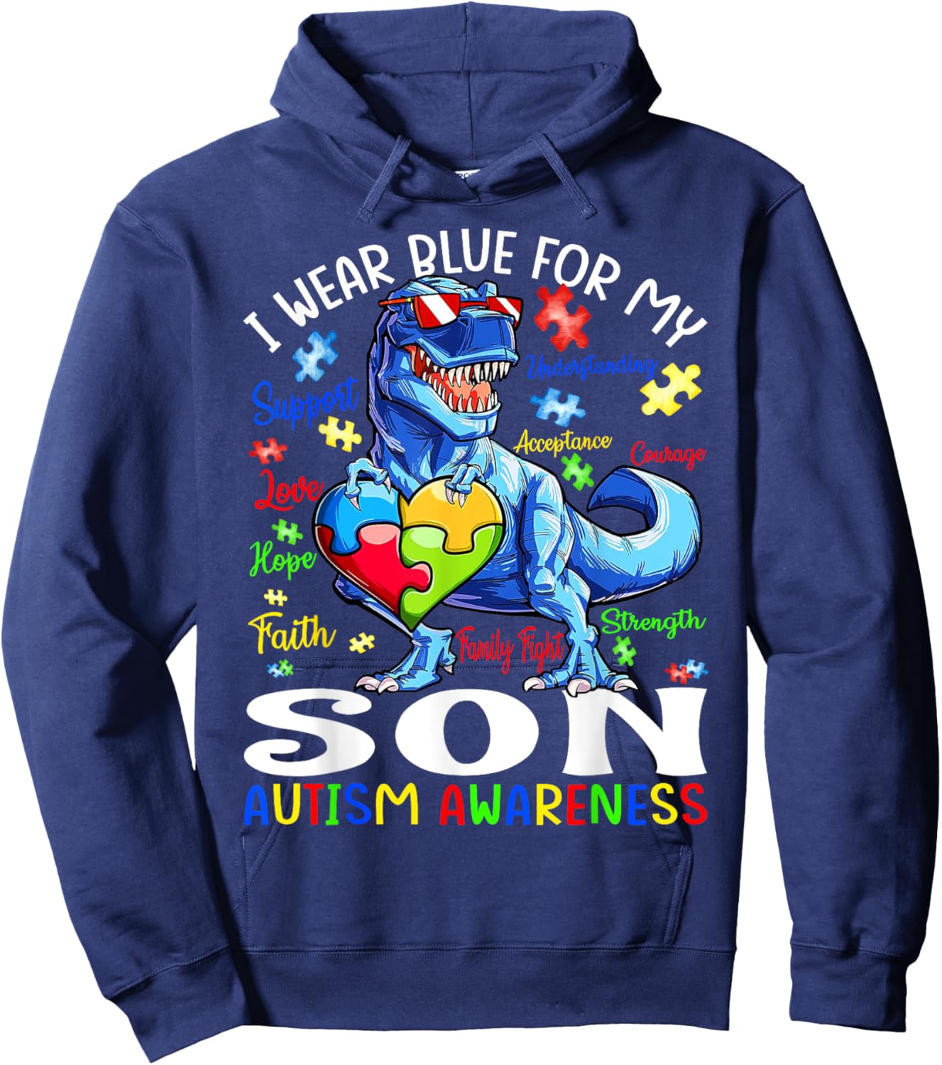 I Wear Blue For My Son Autism Awareness T Rex Hoodie - Hoodie | Navy