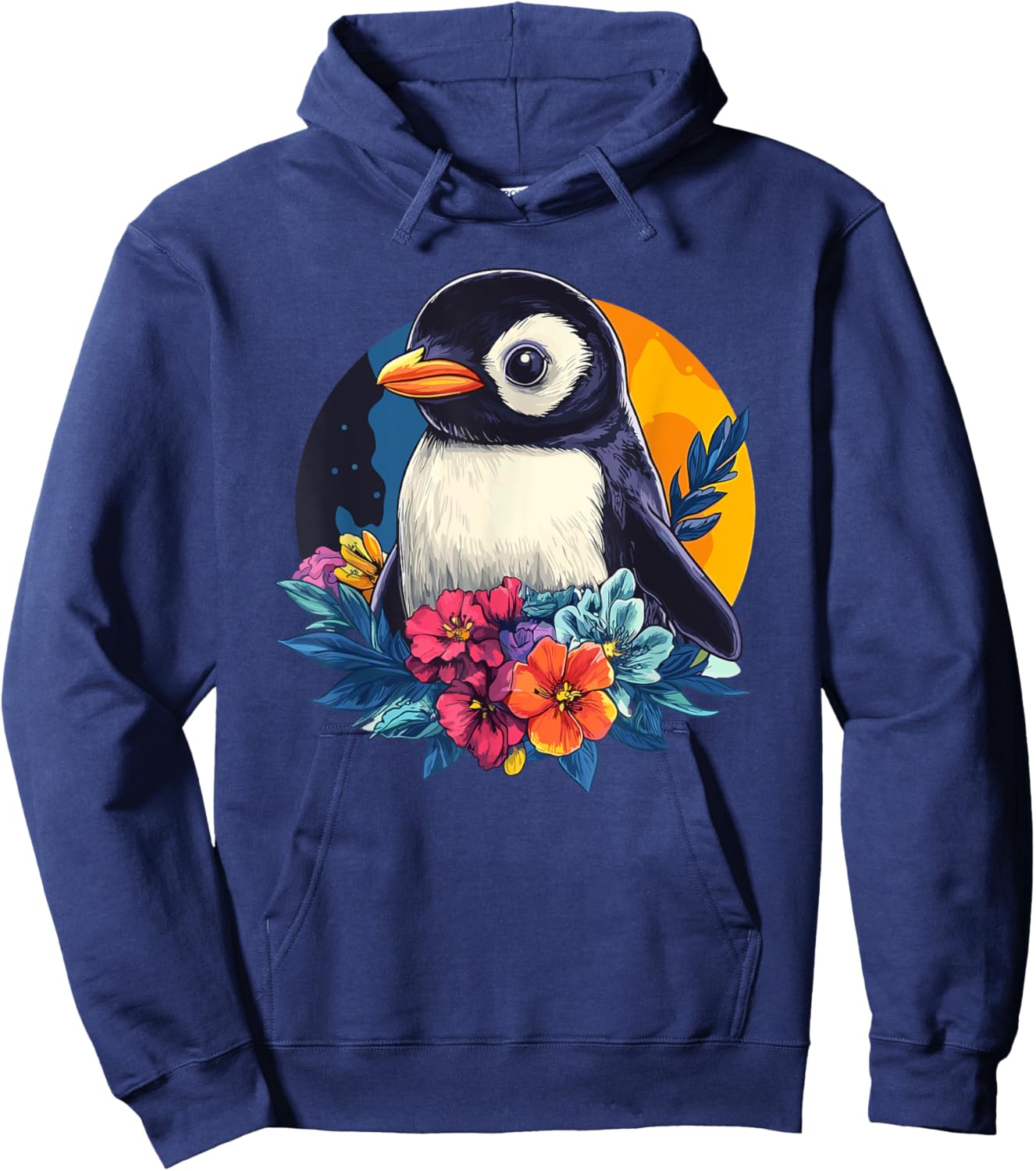Penguin Surrounded By Colorful Flowers Hoodie - Hoodie | Navy