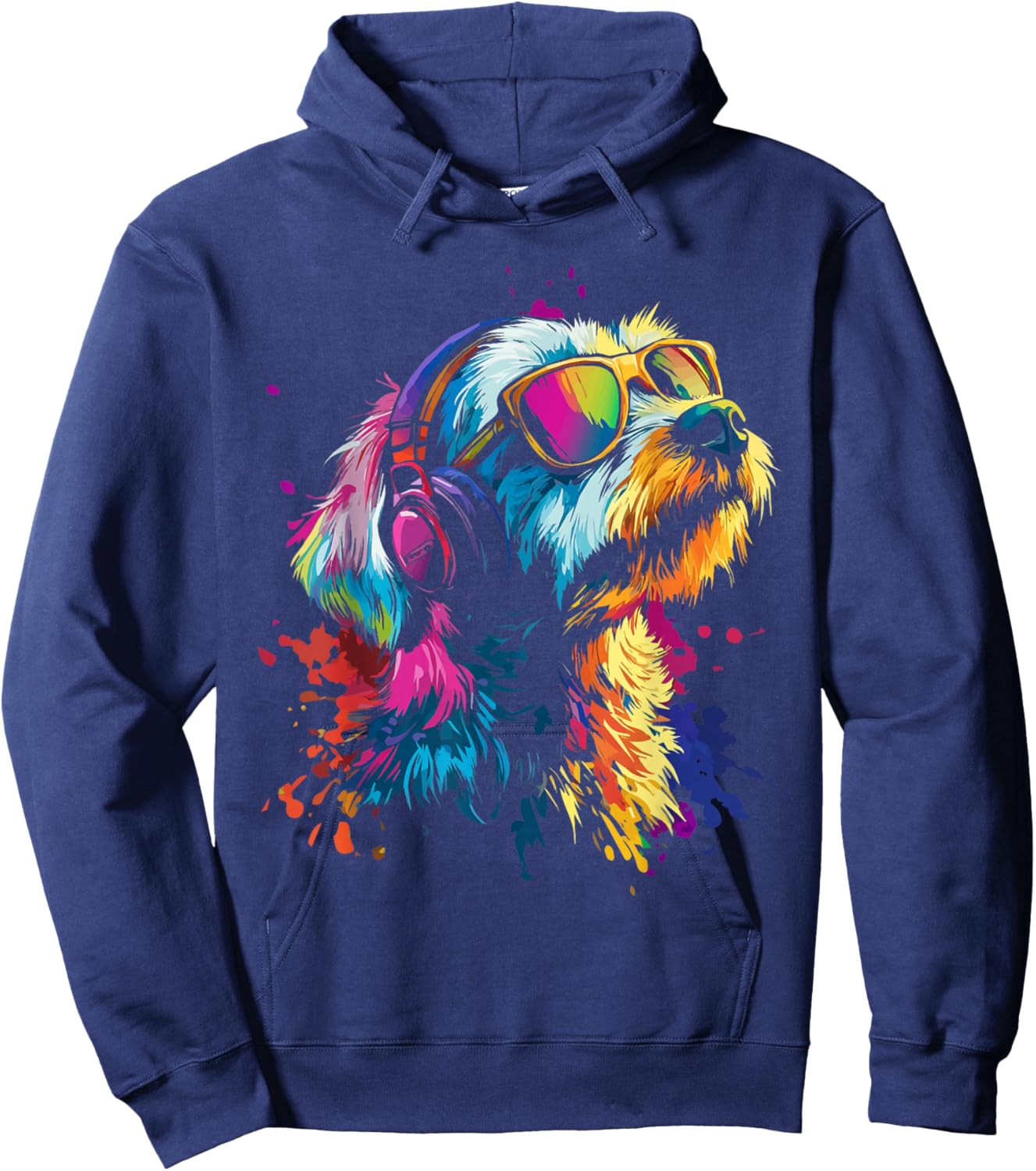 Colorful Splash Art Dog Headphones Music Canine Hoodie - Hoodie | Navy
