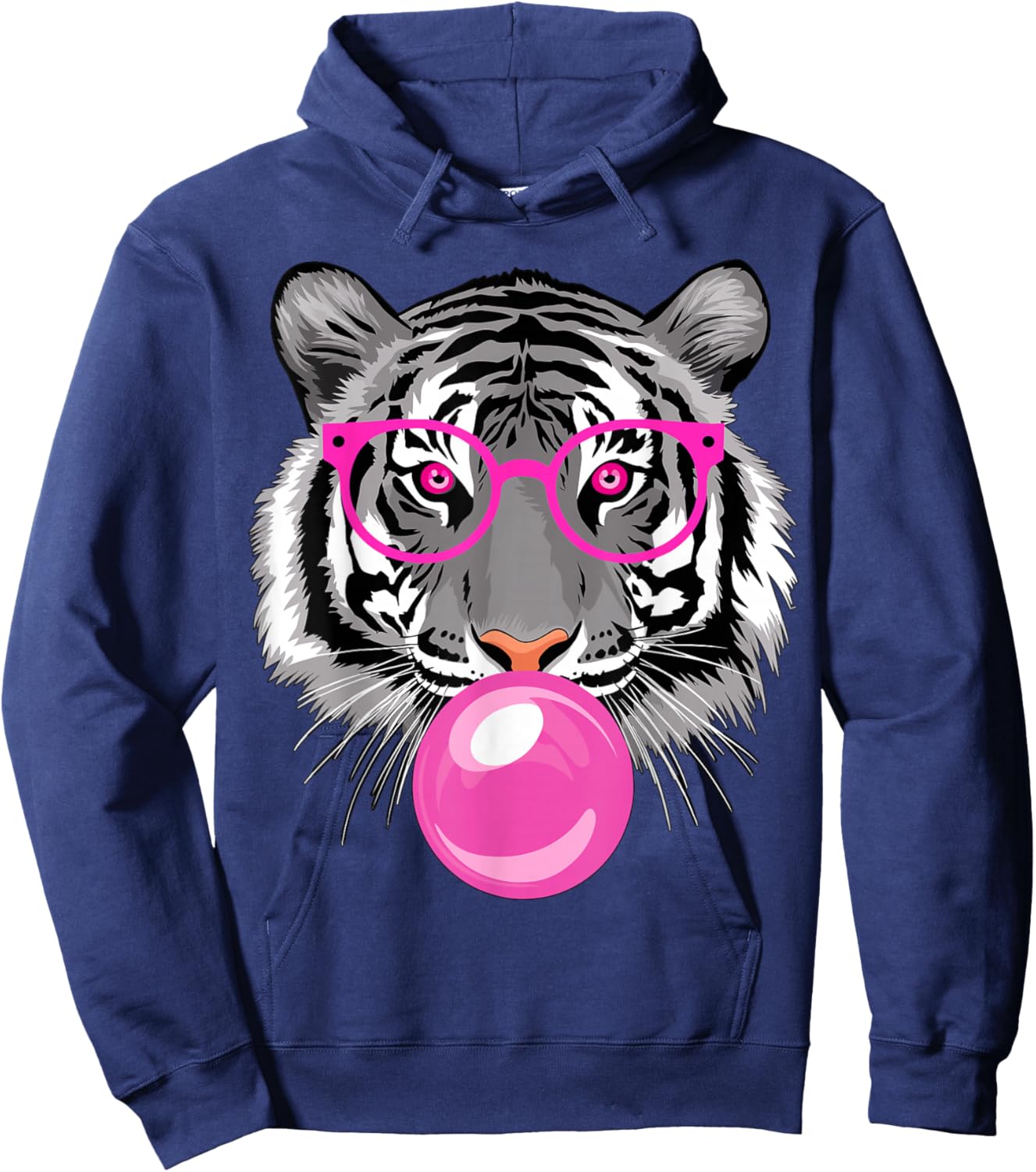 Tiger with Glasses and Bubble Gum Hoodie - Hoodie | Navy