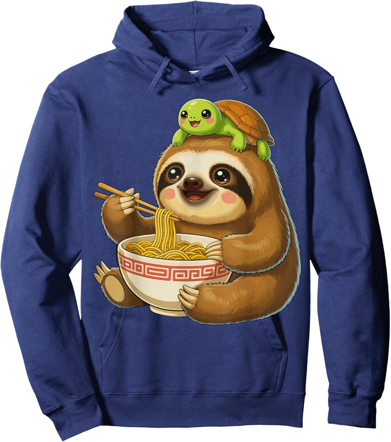 Sloth Eating Ramen with Turtle on Head Hoodie - Hoodie | Navy