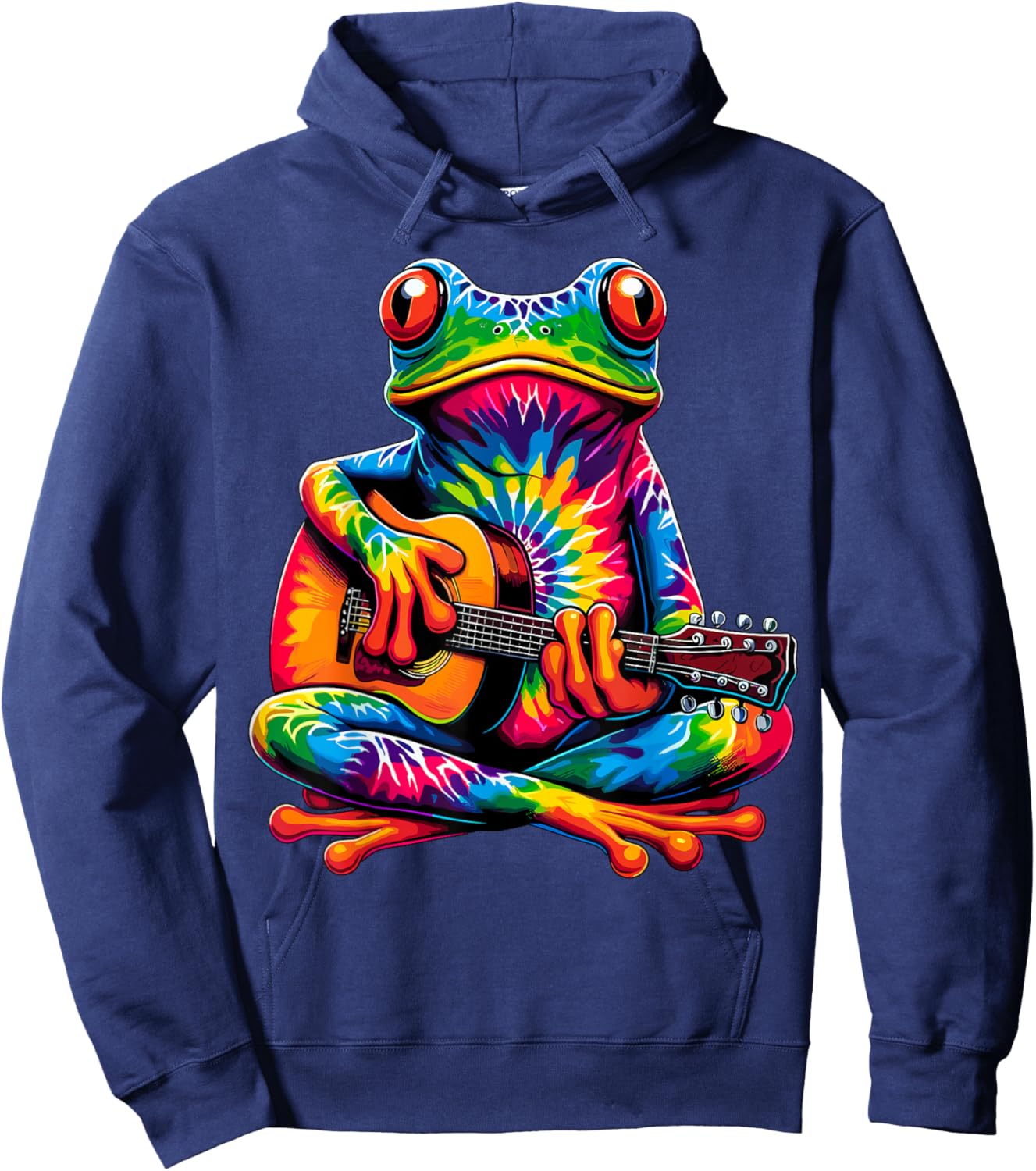 Tie-Dye Frog Playing Guitar Peace Sign Hippie Hoodie - Hoodie | Navy
