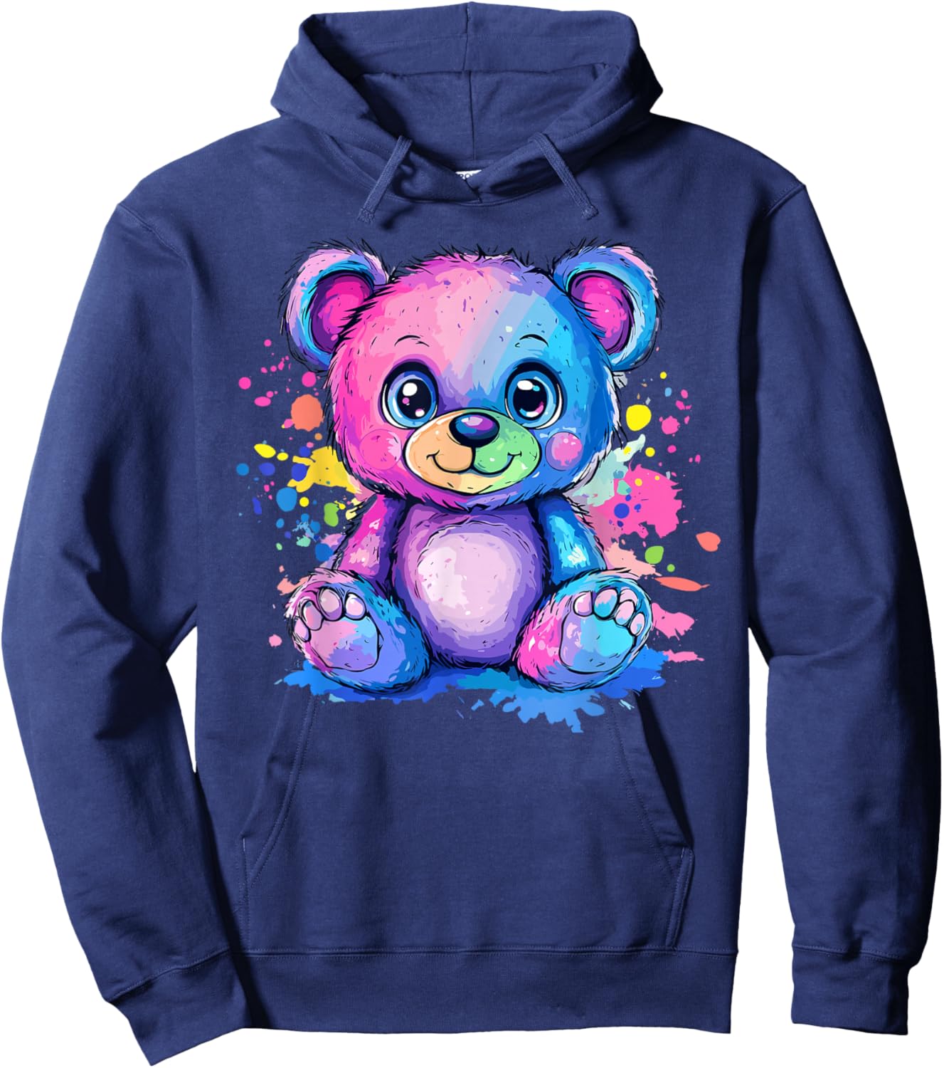 Vibrant Rainbow Teddy Bear Splash Hoodie - Hoodie | Navy