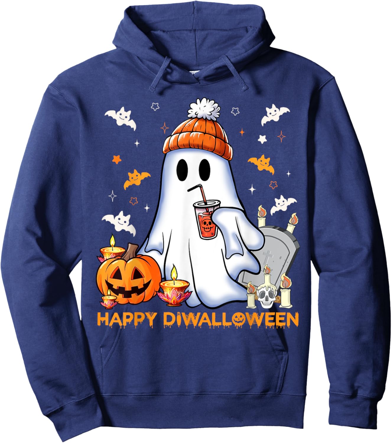 Happy Diwalloween Diwali Halloween Costume Adult Black Small Short Sleeve Modern Mandarin Collar Cartoon Applique Diwali Halloween Fusion Hoodie - Hoodie | Navy