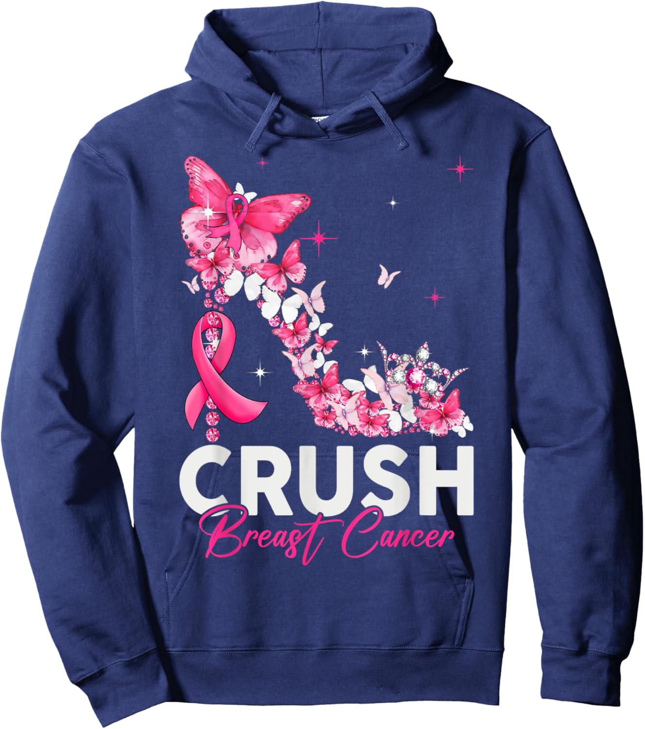 Crush Breast Cancer Awareness Bling Pink Ribbon Hoodie - Hoodie | Navy