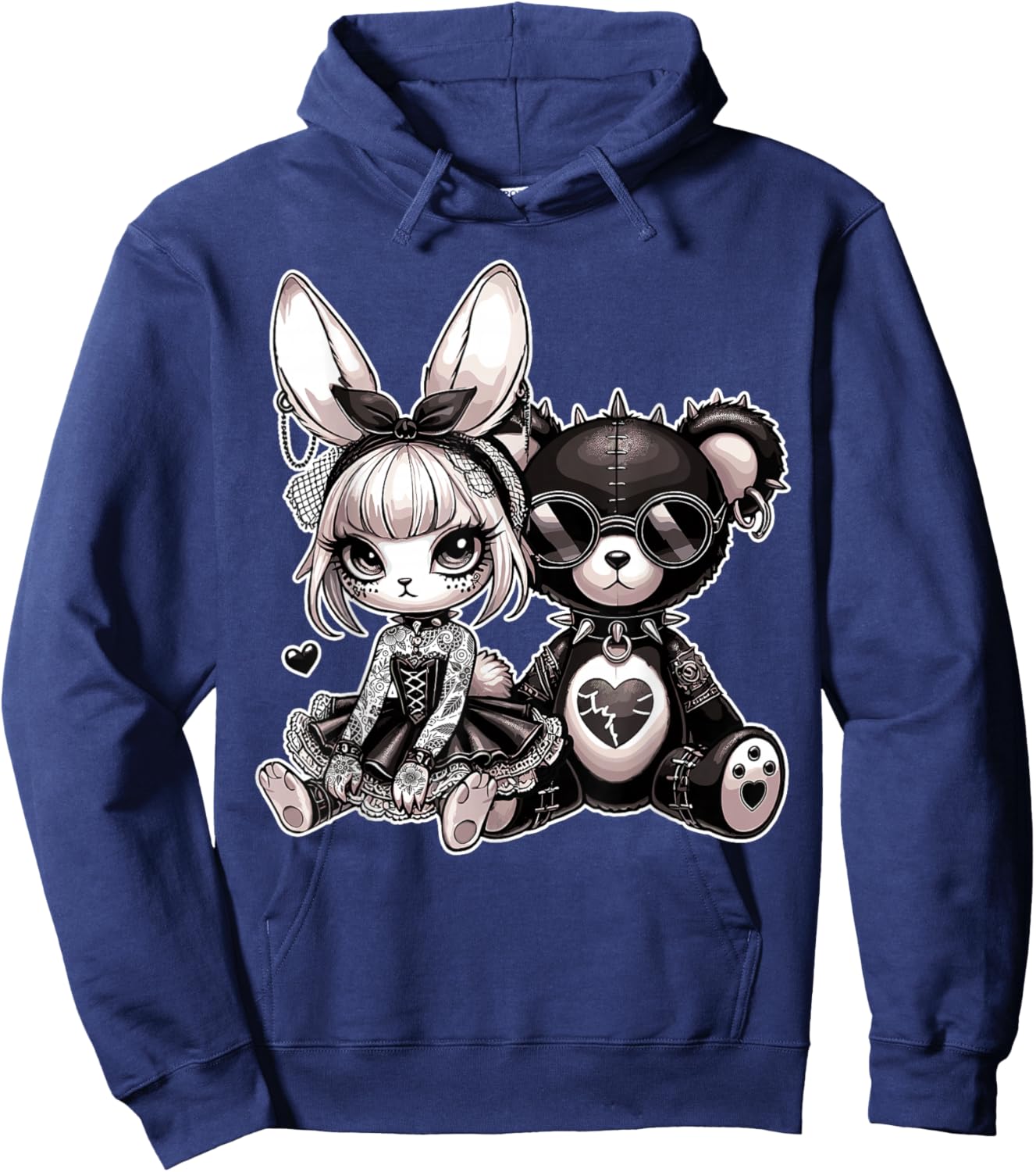 Gothic Bunny & Punk Teddy Bear Aesthetic Hoodie - Hoodie | Navy