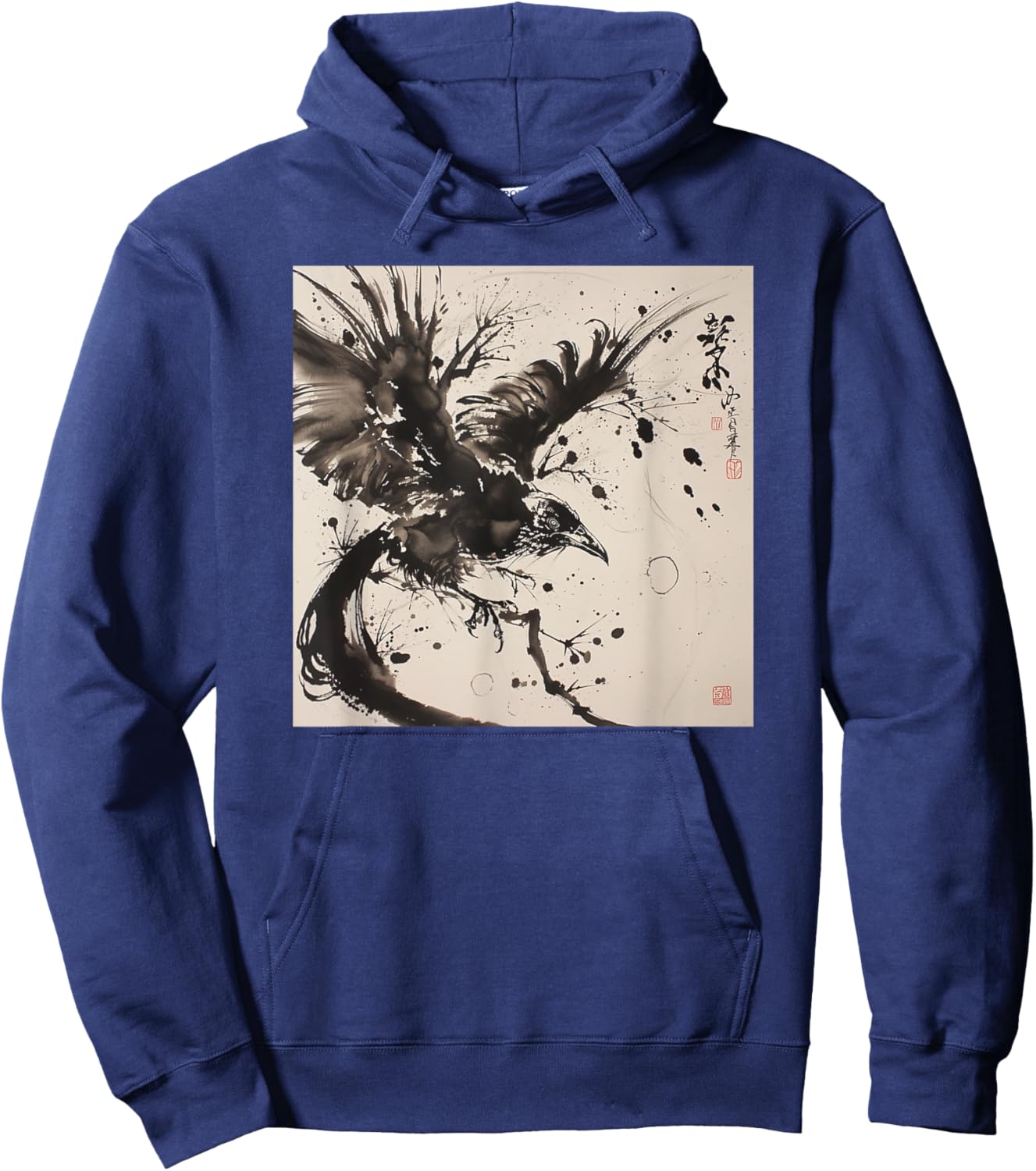 Japanese Ink Art Crow- Raven Ink Art Graphic Hoodie - Hoodie | Navy
