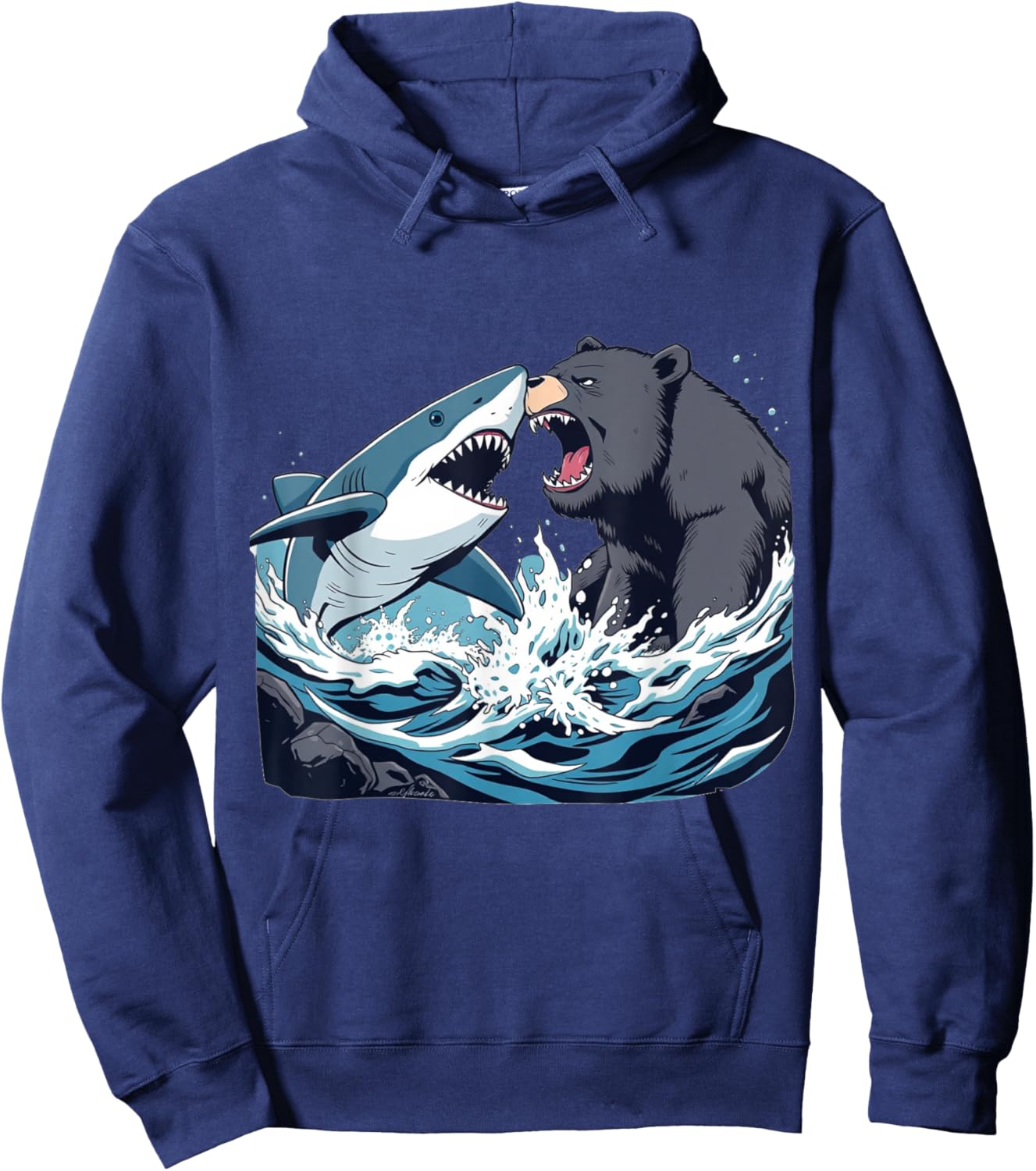 Shark vs Bear - Funny Comic Art Style Graphic Hoodie - Hoodie | Navy