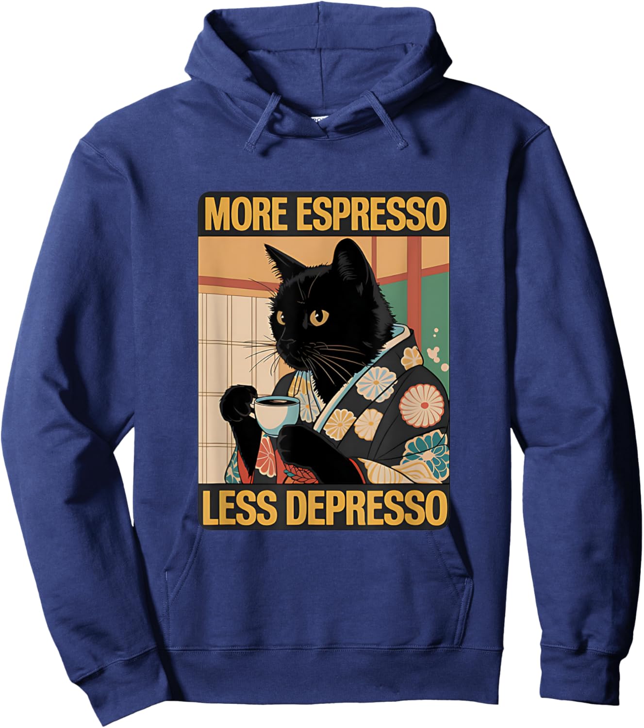 More Espresso Less Depresso Japanese Funny Cat Hoodie - Hoodie | Navy