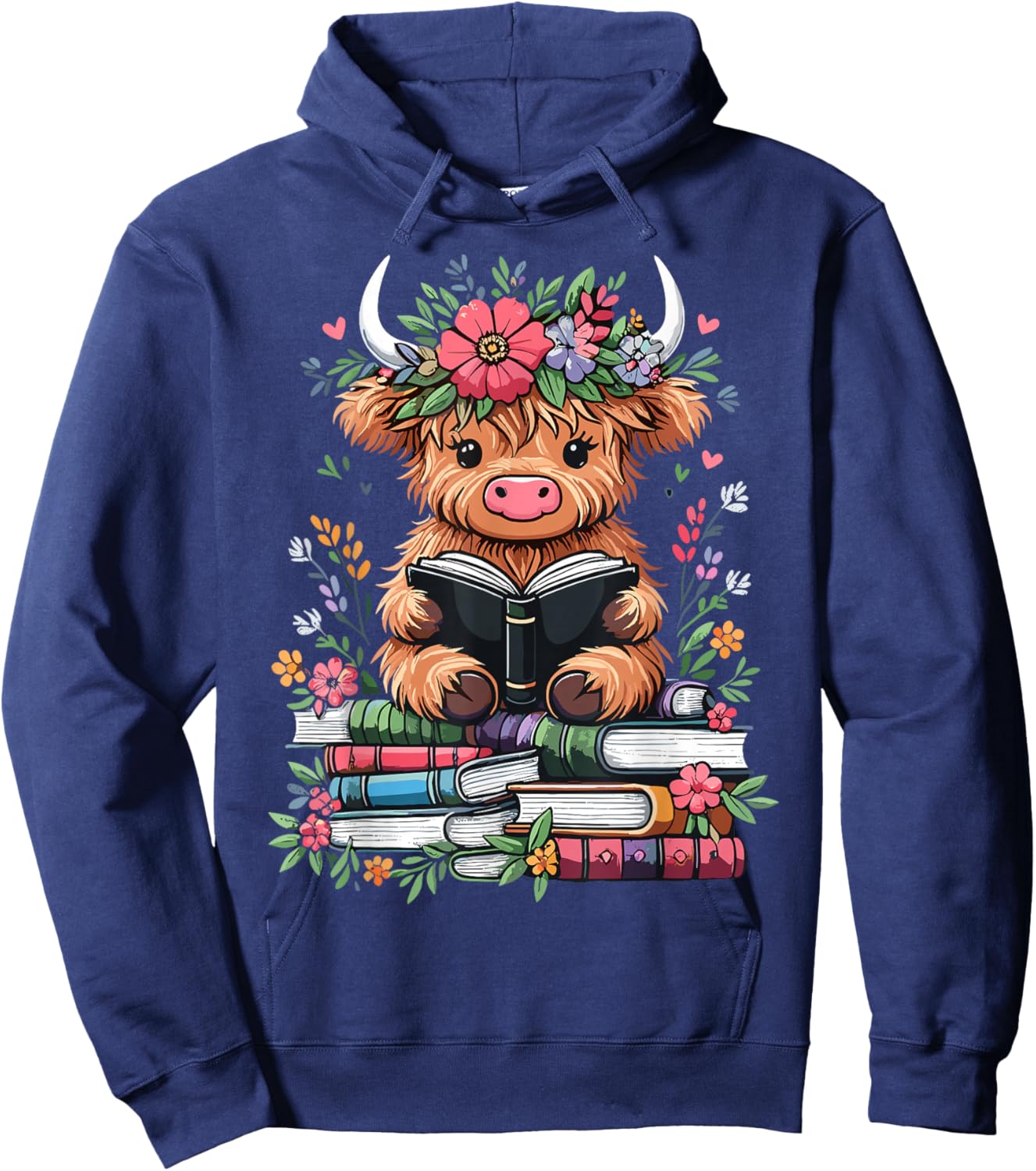 Bookworm Cute Baby Highland Cow Reading Book Hoodie - Hoodie | Navy