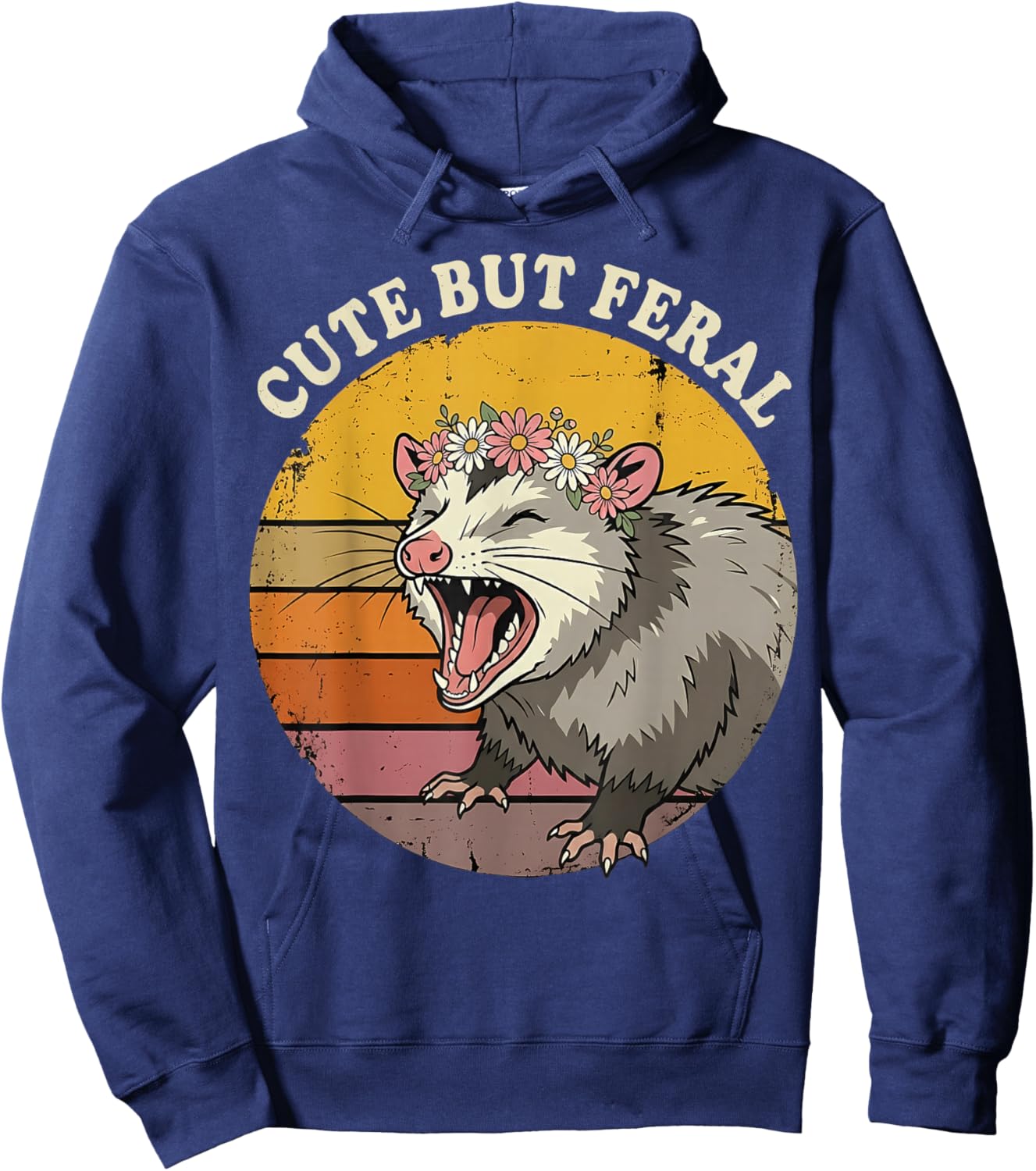Cute But Feral Screaming Opossum Flower Crown Hoodie - Hoodie | Navy