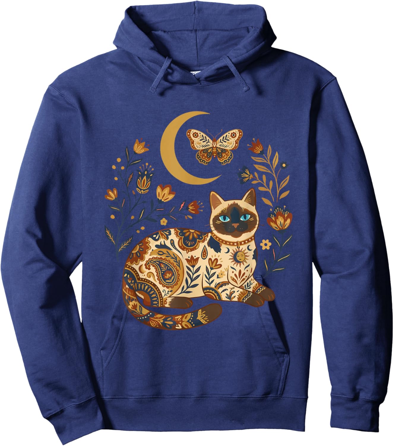 Boho Celestial Siamese Cat Moon Floral Hoodie - Hoodie | Navy