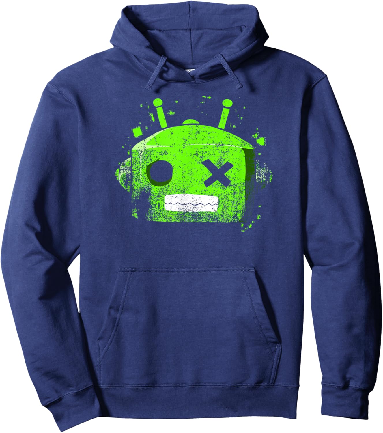Green Color Retro Robot Head Green Graphic Hoodie - Hoodie | Navy