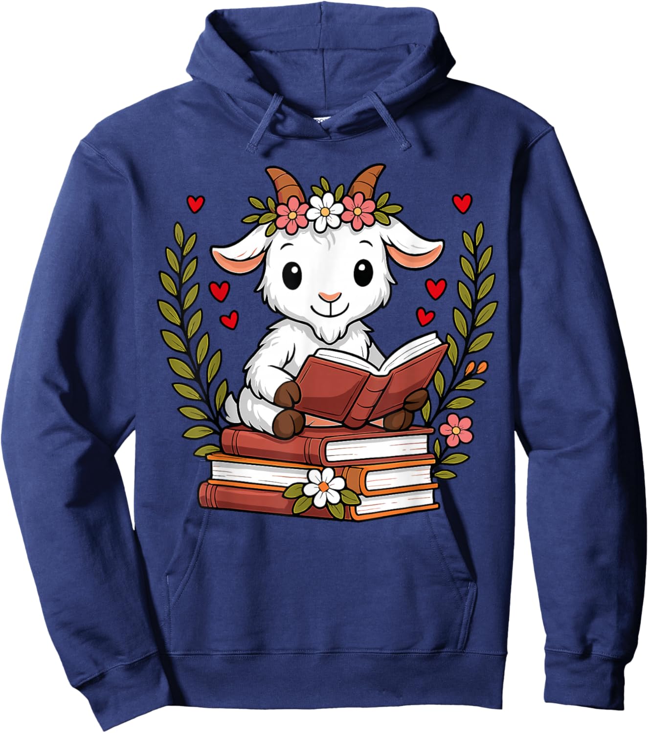 Goat Reading Book Graphic Goat with Book Floral Hoodie - Hoodie | Navy