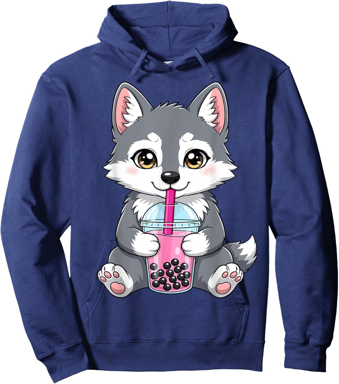 Wolf with Boba Bubble Tea Cute Kawaii Hoodie - Hoodie | Navy