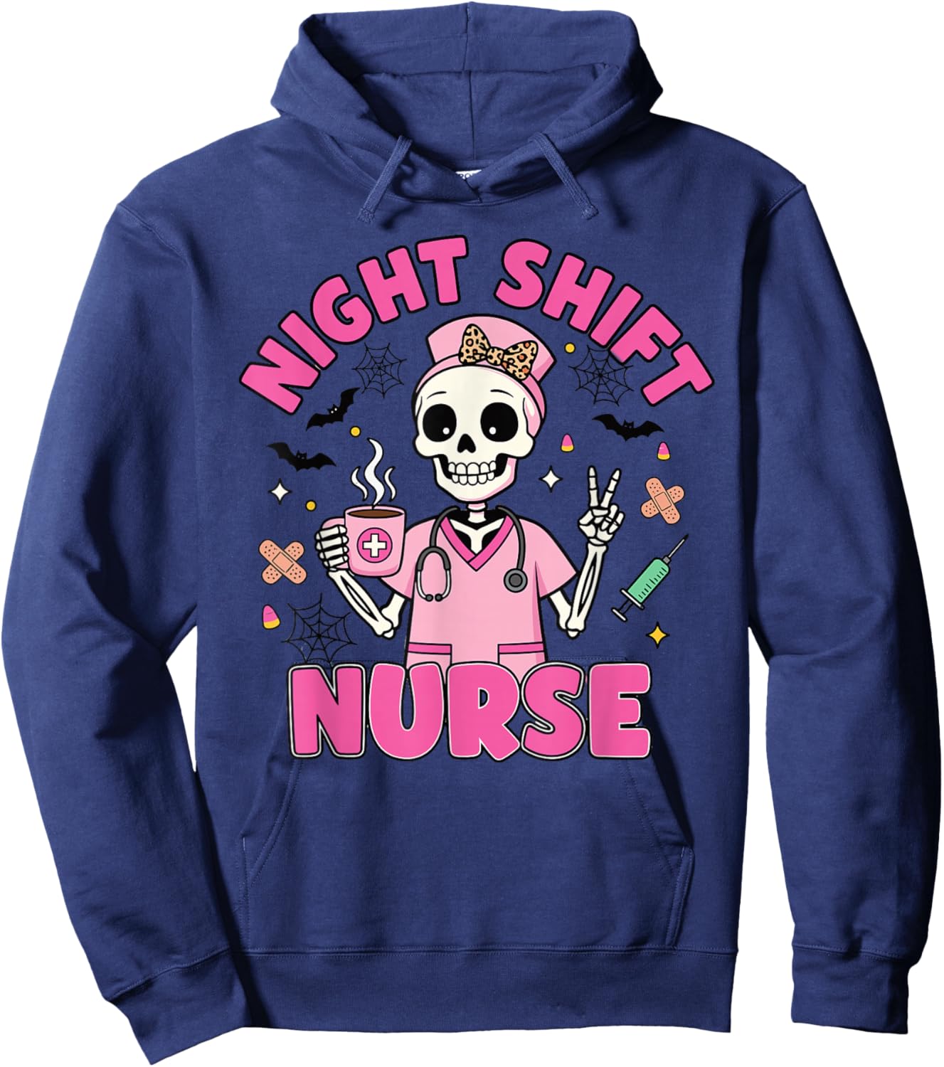 Pink Skeleton Halloween Night Shift Nurse Hoodie - Hoodie | Navy