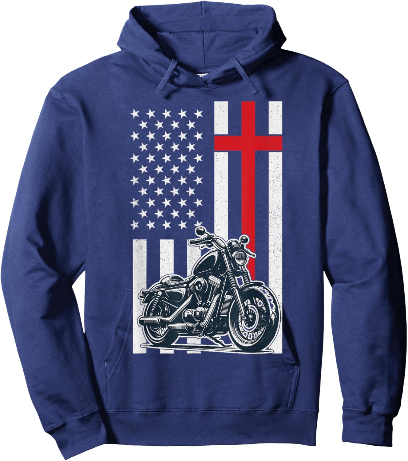 Christian Biker Motorcycle American Flag Cross Hoodie - Hoodie | Navy