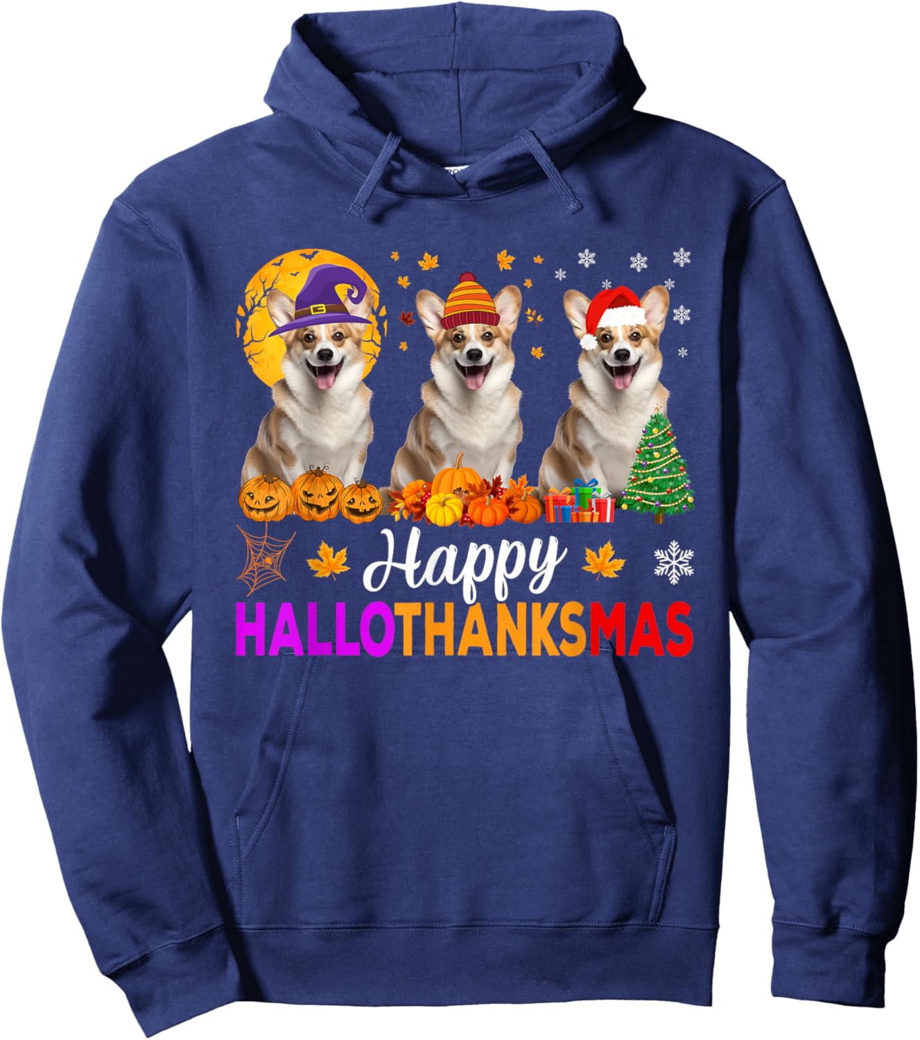 Corgi Dog Halloween Christmas Hallothanksmas Hoodie - Hoodie | Navy