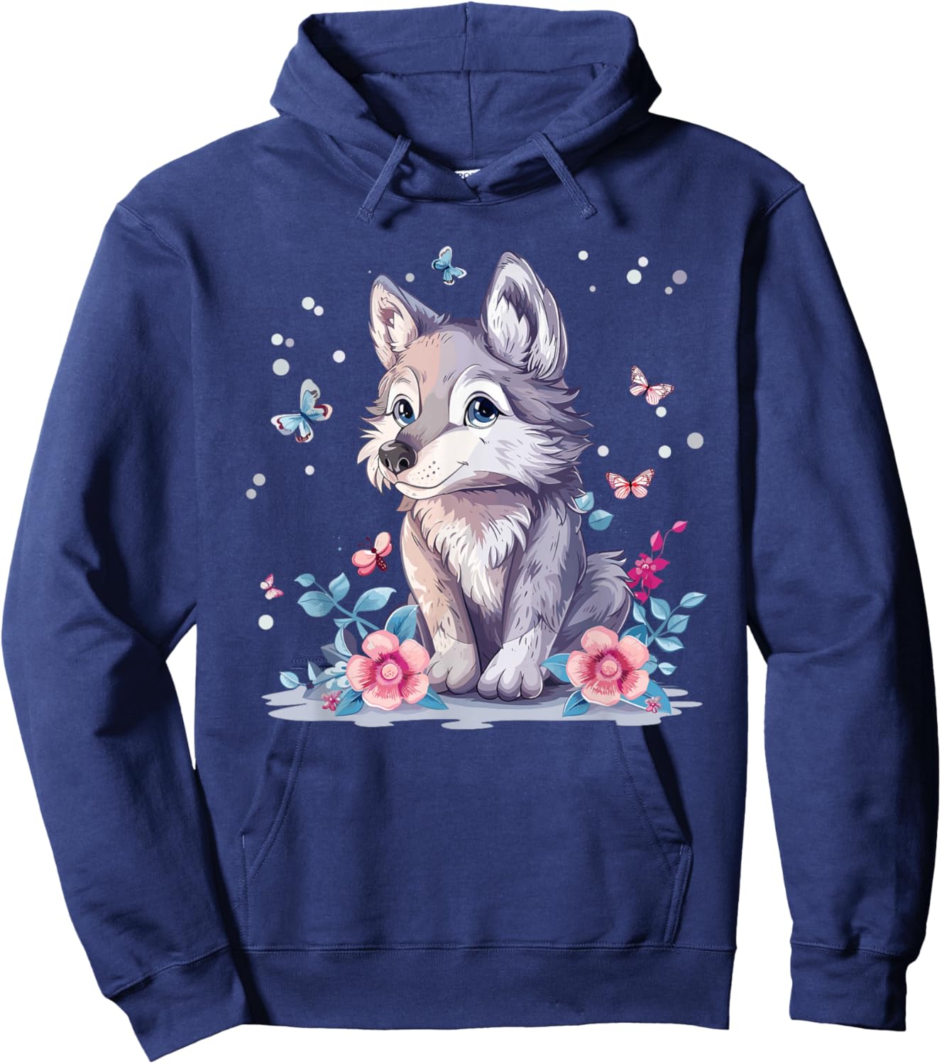 Cute Wolf With Flowers I Kids Wolf Hoodie - Hoodie | Navy