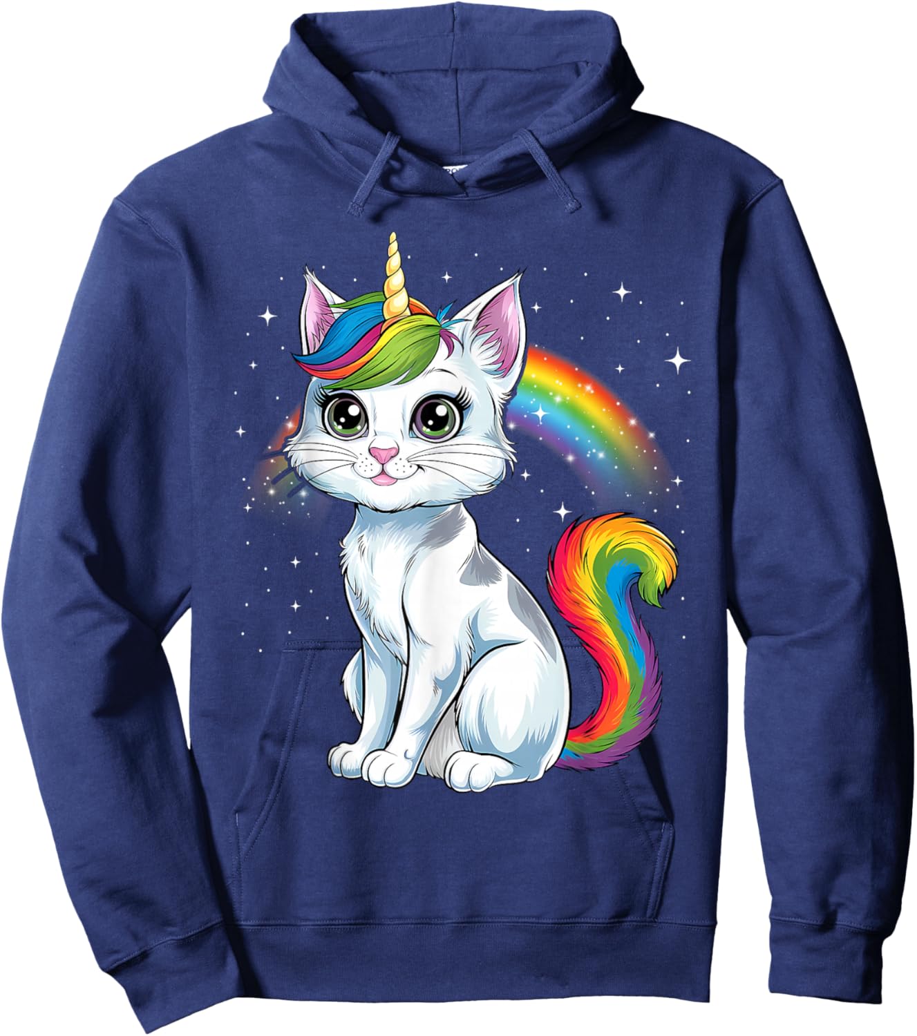 Cute Unicorn Cat Adorable Smiling Rainbow Kitty Hoodie - Hoodie | Navy