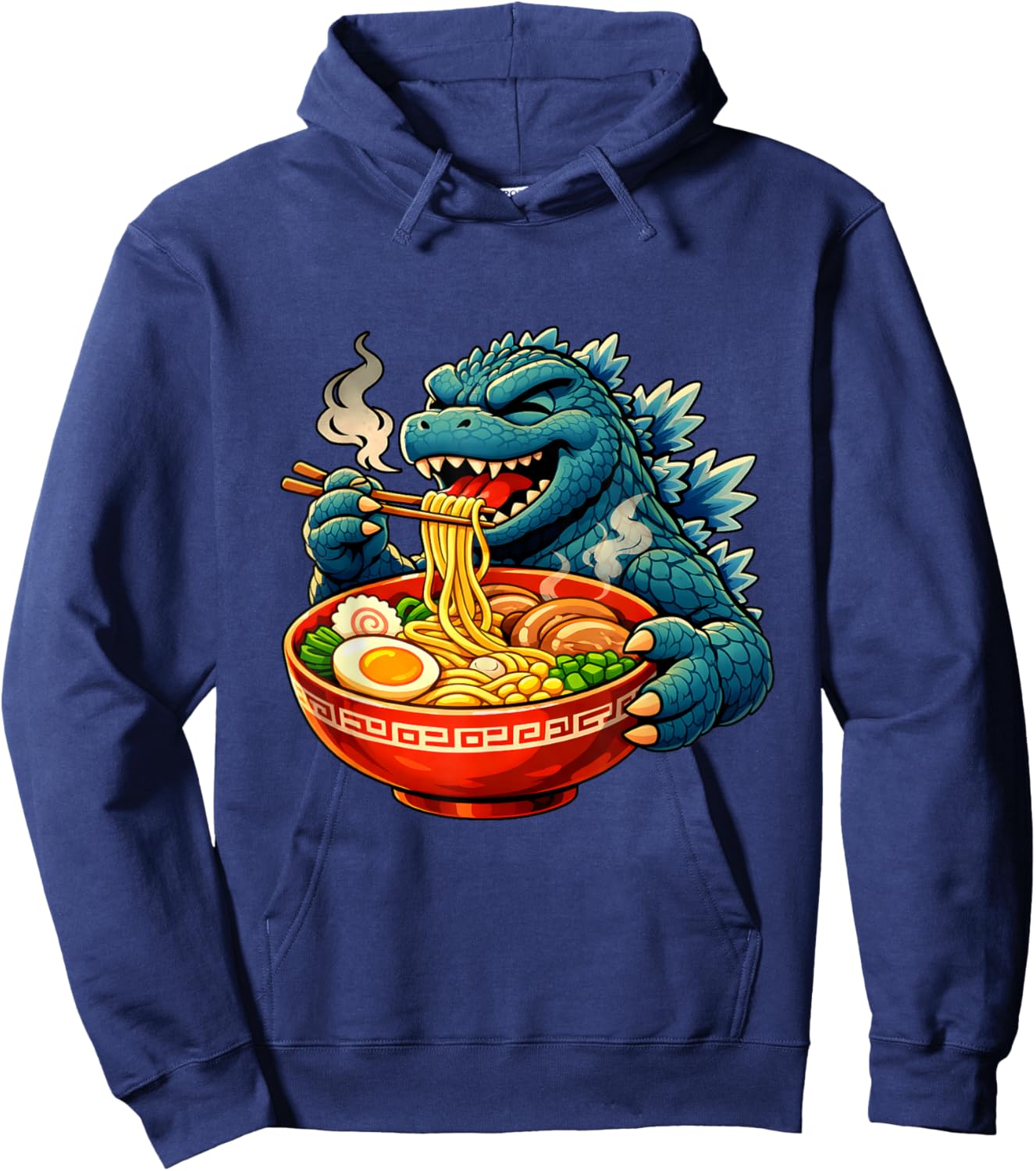 Cute Kaiju Eating Ramen Playful Food Lover Hoodie - Hoodie | Navy