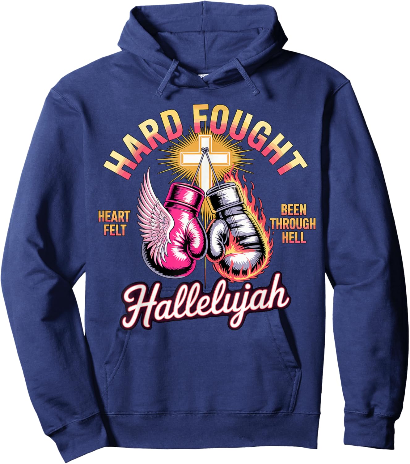 Hard Fought Hallelujah Boxing Gloves Faith Hoodie - Hoodie | Navy