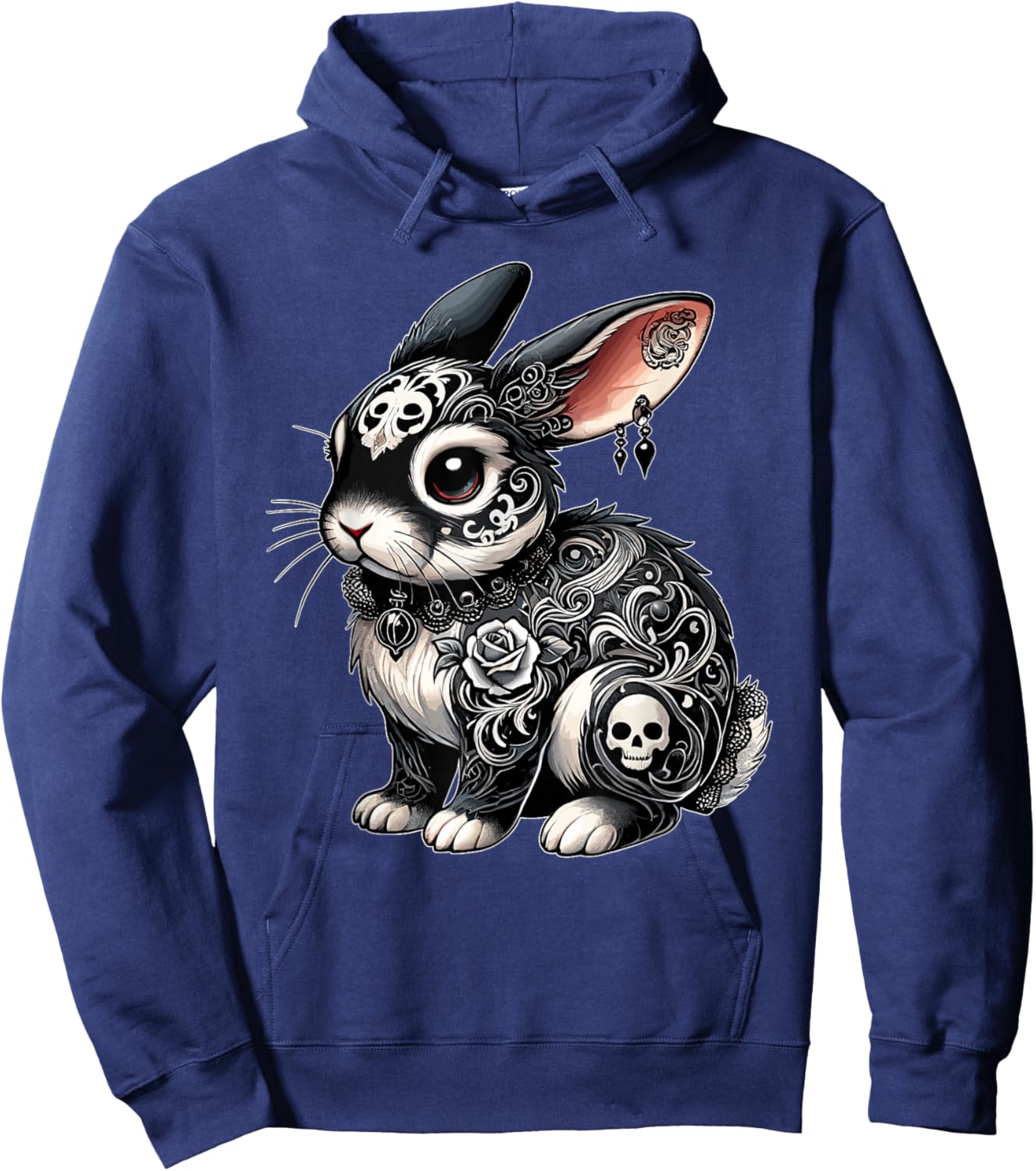 Gothic Filigree Rabbit with Skulls Hoodie - Hoodie | Navy