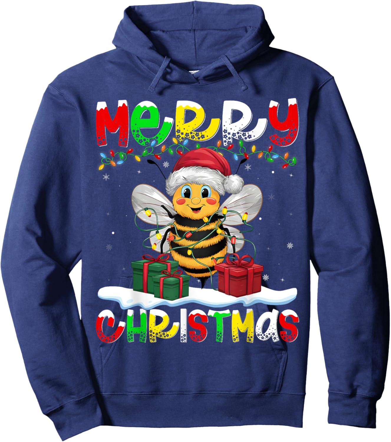 Xmas Lighting Santa Hat Bee Merry Christmas Hoodie - Hoodie | Navy