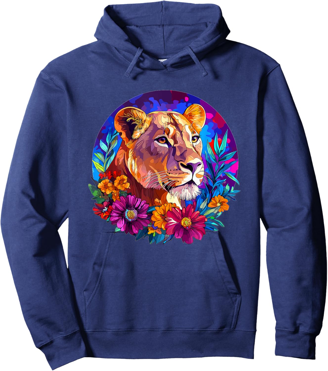 Lioness in Vibrant Floral Jungle Hoodie - Hoodie | Navy