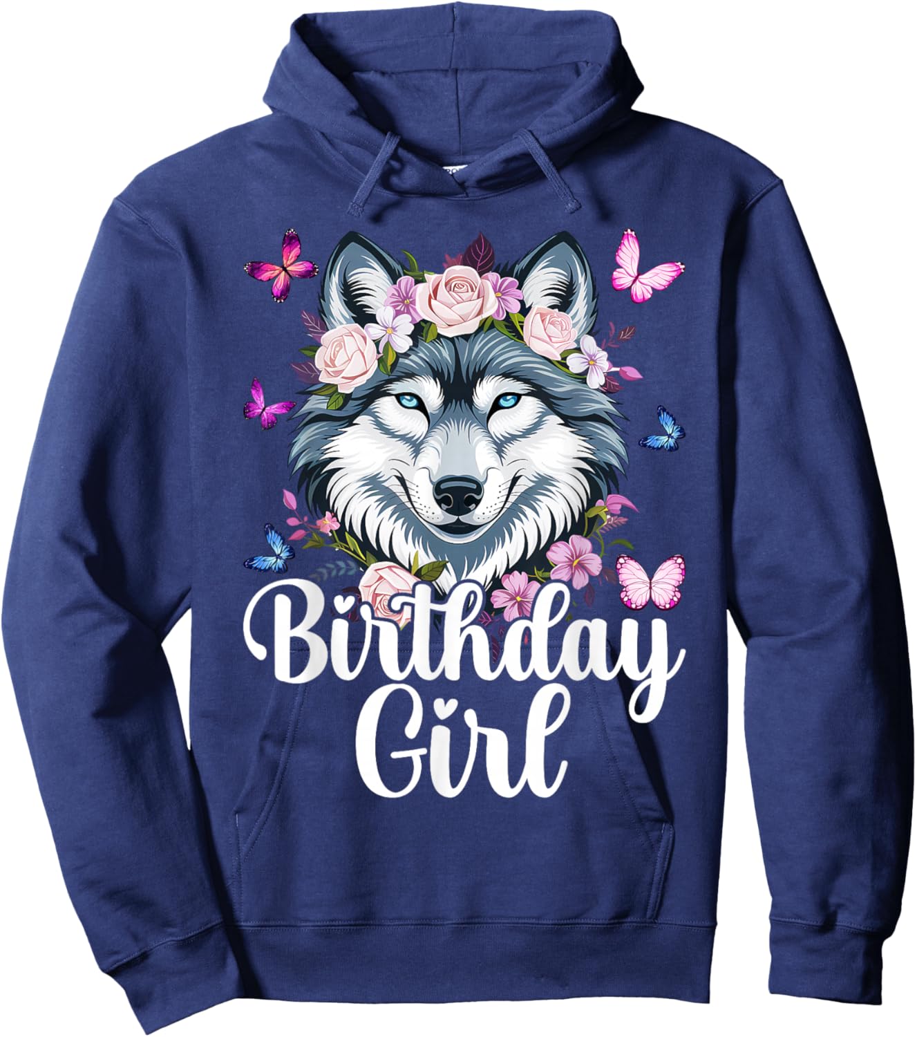 Wolf with Flowers for the Birthday Girl Hoodie - Hoodie | Navy