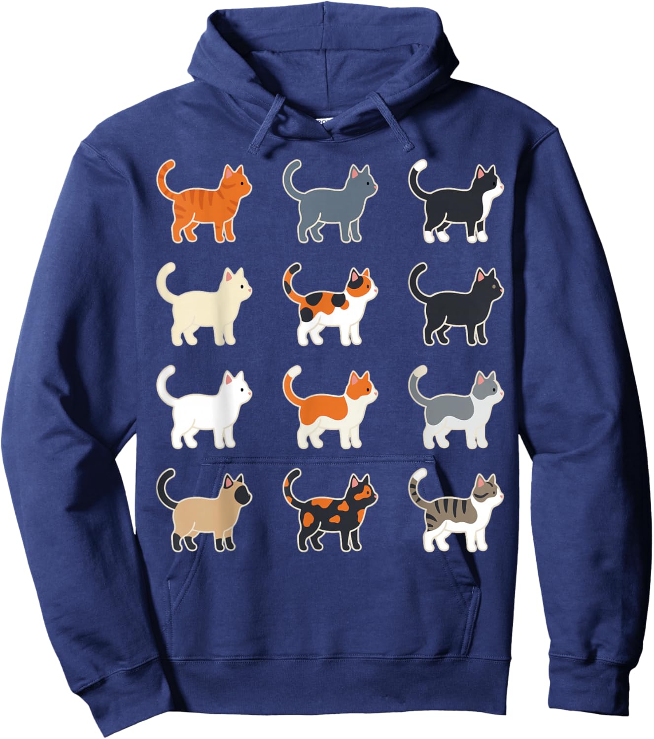 Cute Cat Illustration Grid Pattern Hoodie - Hoodie | Navy