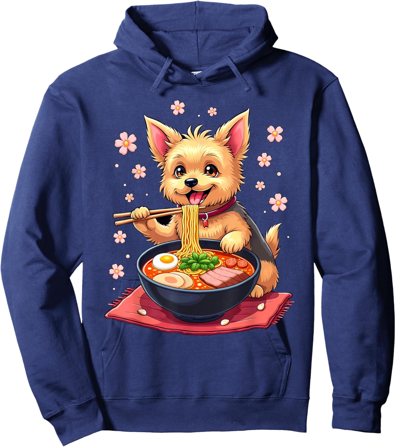 Japanese Kawaii Yorkie Dog Eating Ramen Hoodie - Hoodie | Navy