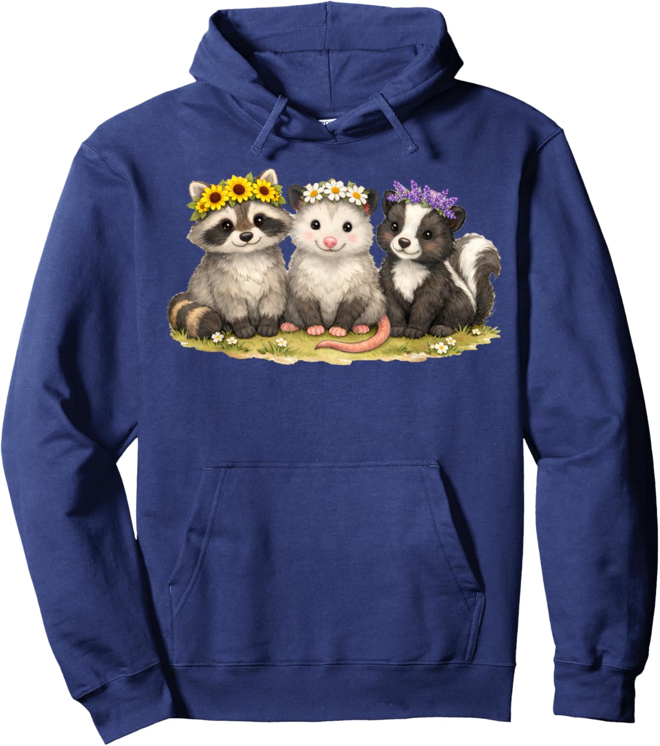 Cute Raccoon Possum Skunk Flowers Floral Hoodie - Hoodie | Navy