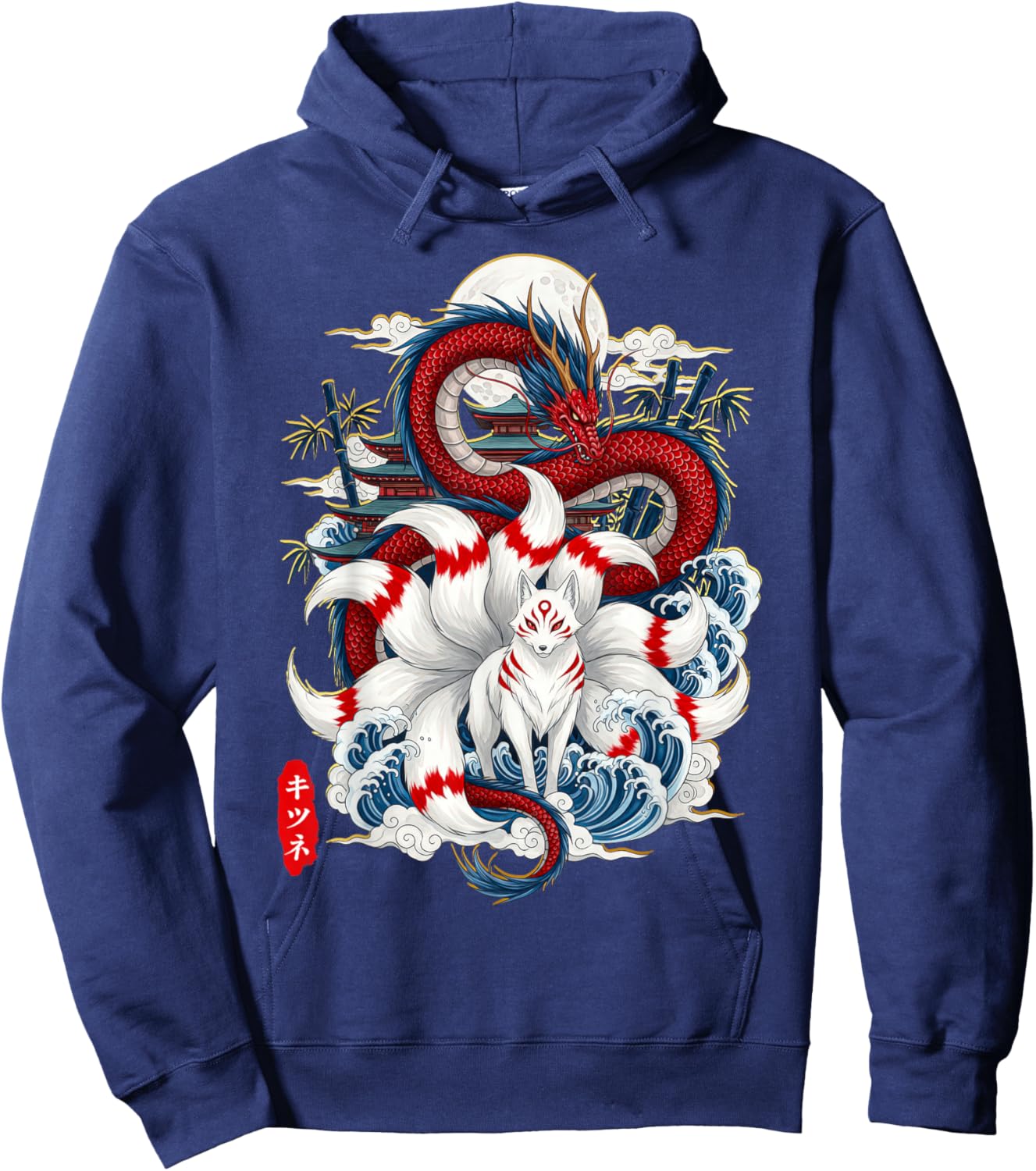 Kitsune Fox and Dragon Nine-Tailed Japanese Hoodie - Hoodie | Navy