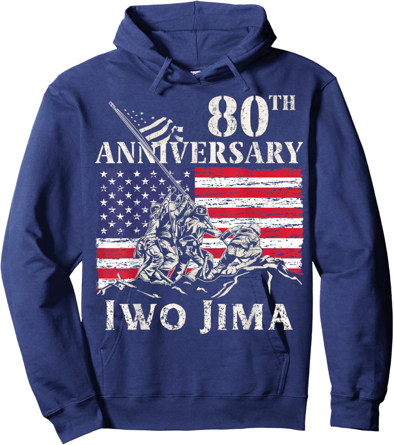 Iwo Jima WW2 Military Patriotic Support Our Troops 80th Anniversary Iwo Jima 1945-2025 WWII Veteran USA Flag -Adults Black Small Short Sleeve Hoodie - Hoodie | Navy