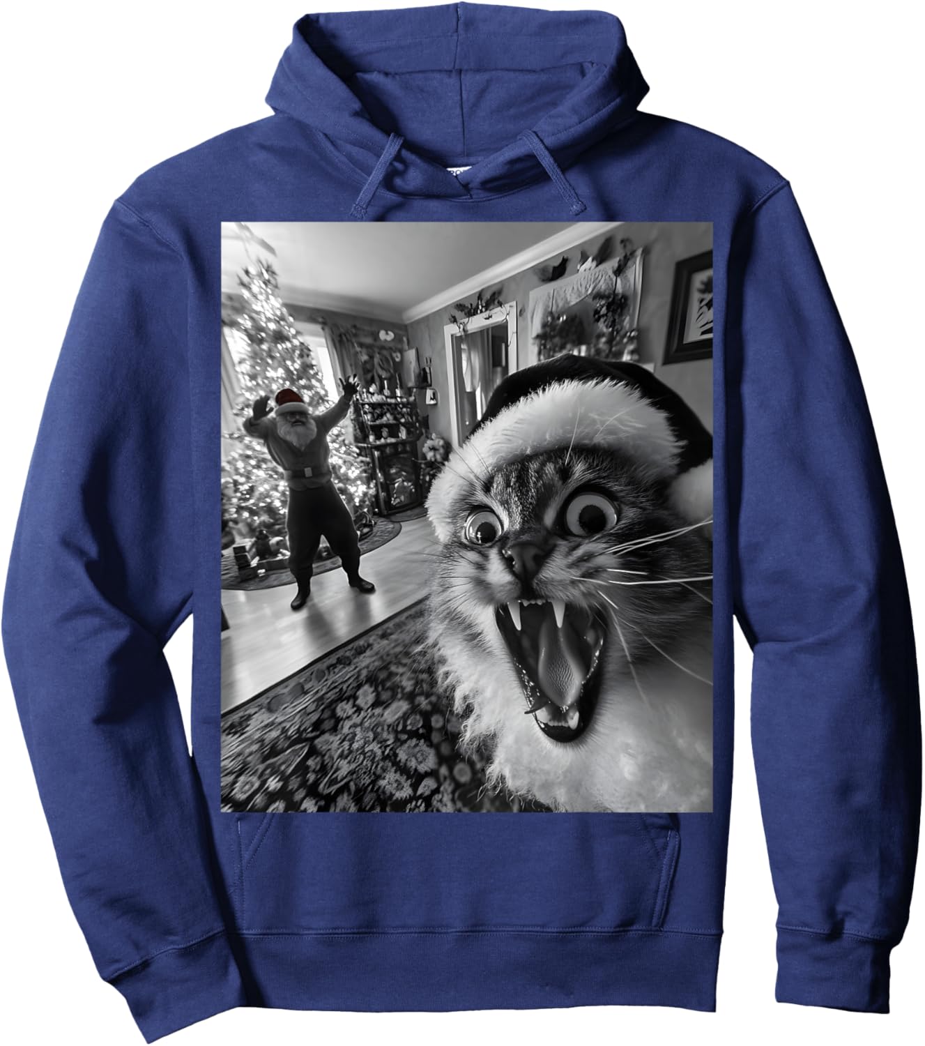 Funny Cat Selfie With Santa Christmas Men Women Hoodie - Hoodie | Navy