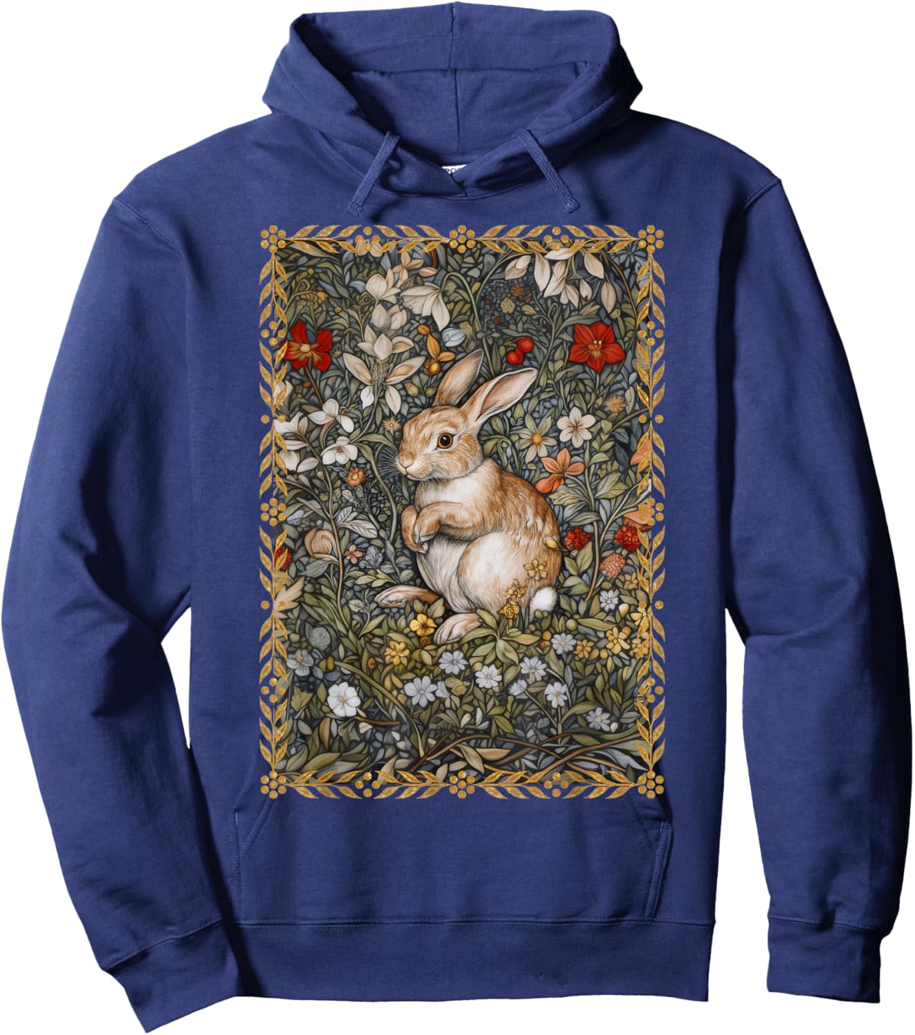 Rabbit in a William Morris Style Flower Garden Hoodie - Hoodie | Navy