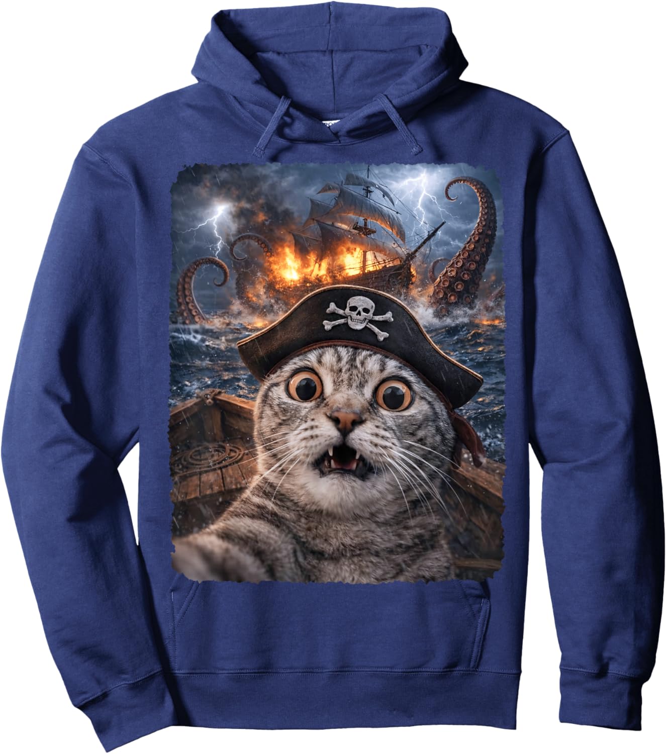 Funny Cat Pirate Selfie Kraken Sea Monster Meme Hoodie - Hoodie | Navy