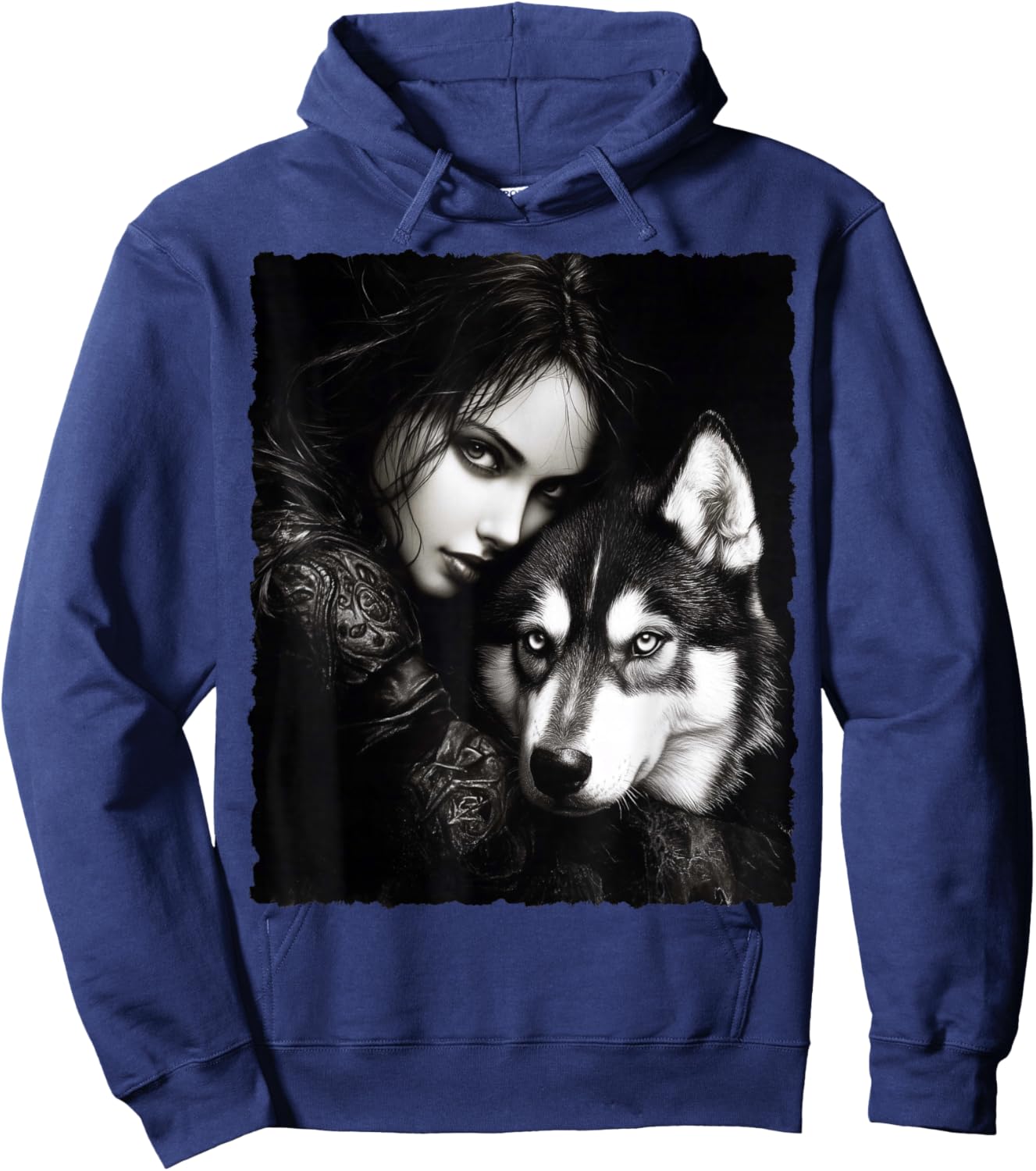 Woman and Wolf Husky Fantasy Art Painting Hoodie - Hoodie | Navy