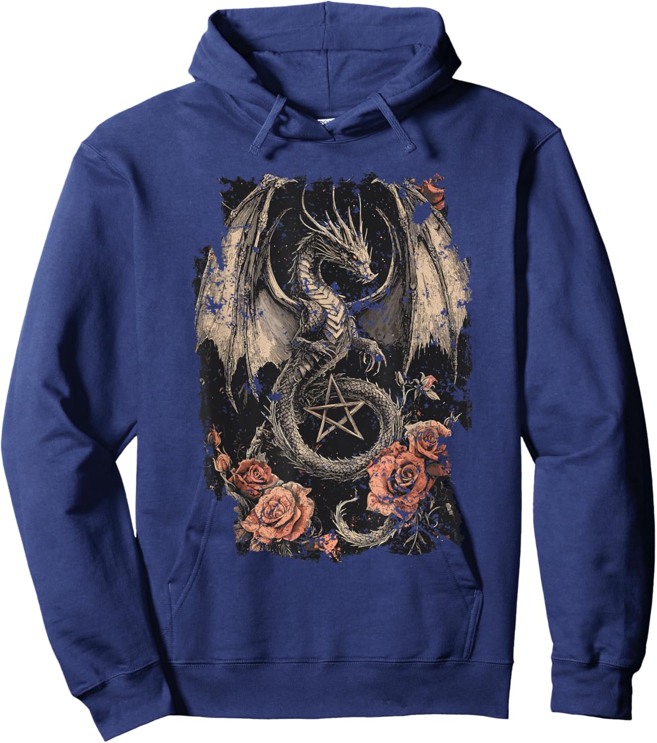 Dragon with Pentagram and Roses - Gothic Dragon Hoodie - Hoodie | Navy