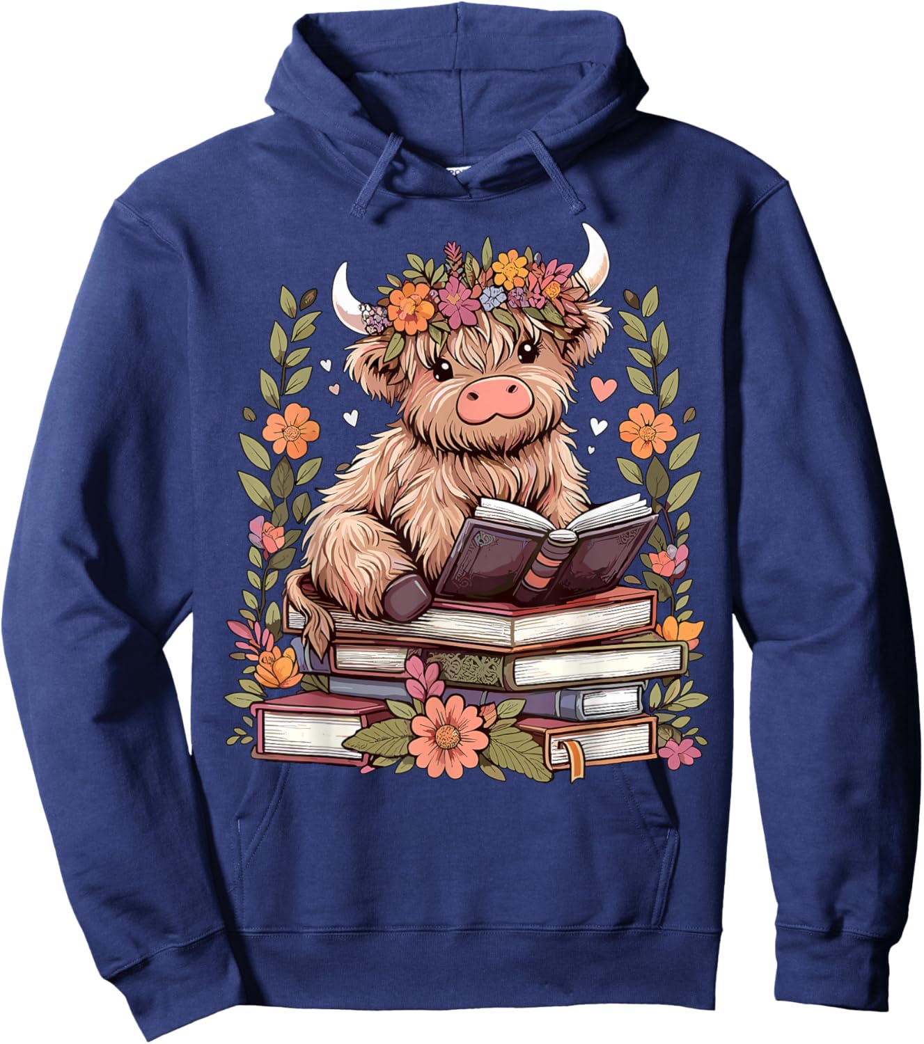 Cute Baby Highland Cow Reading Book Bookworm Hoodie - Hoodie | Navy