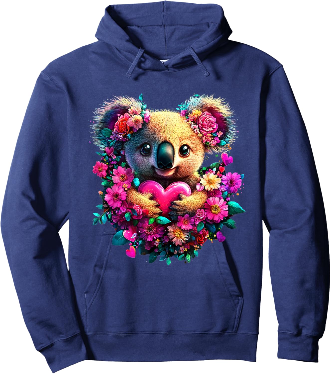 Koala Hearts and Flowers Graphic Valentines Day Hoodie - Hoodie | Navy
