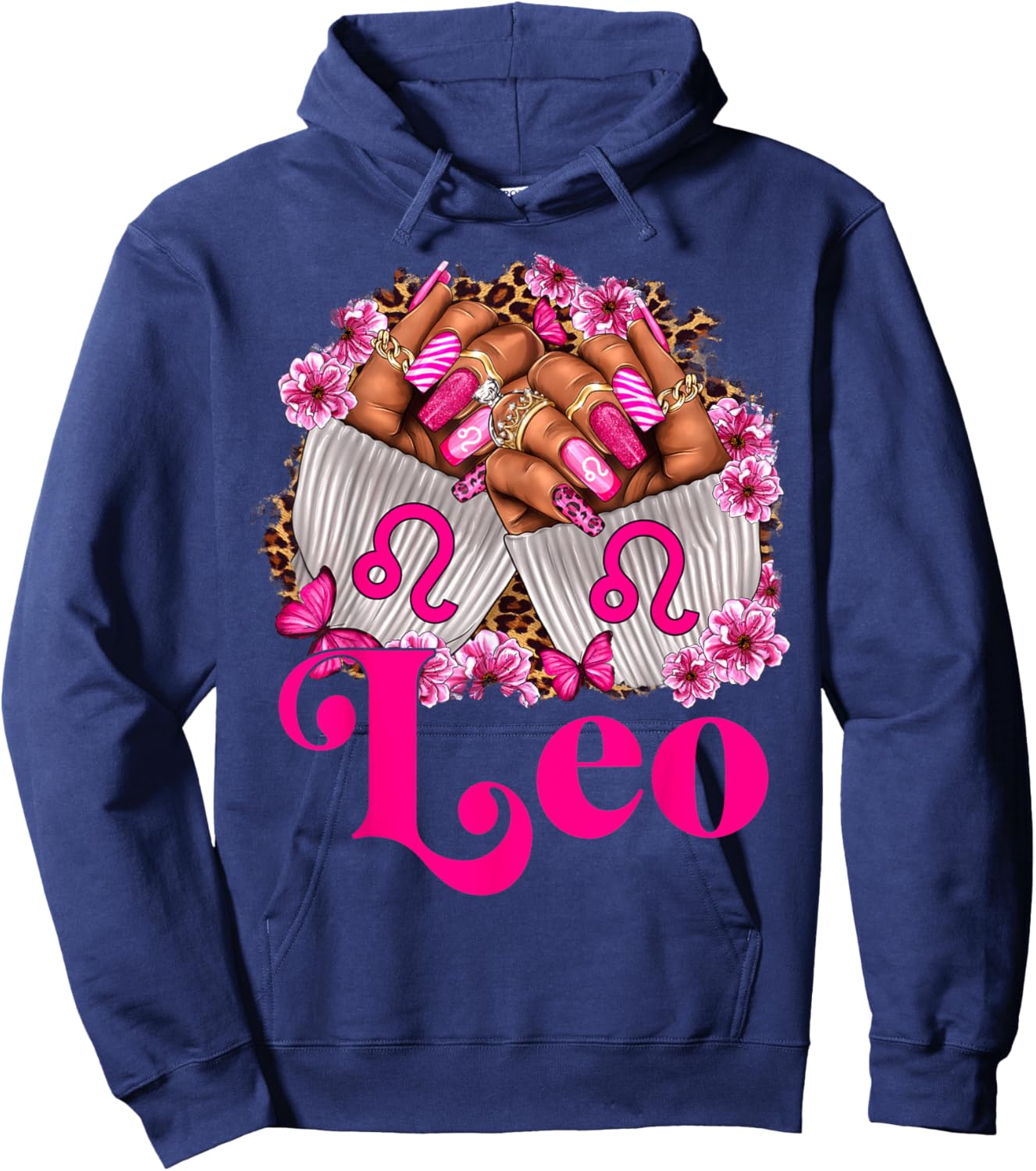 Black Women Floral Nails With Leopard Leo Queen Hoodie - Hoodie | Navy